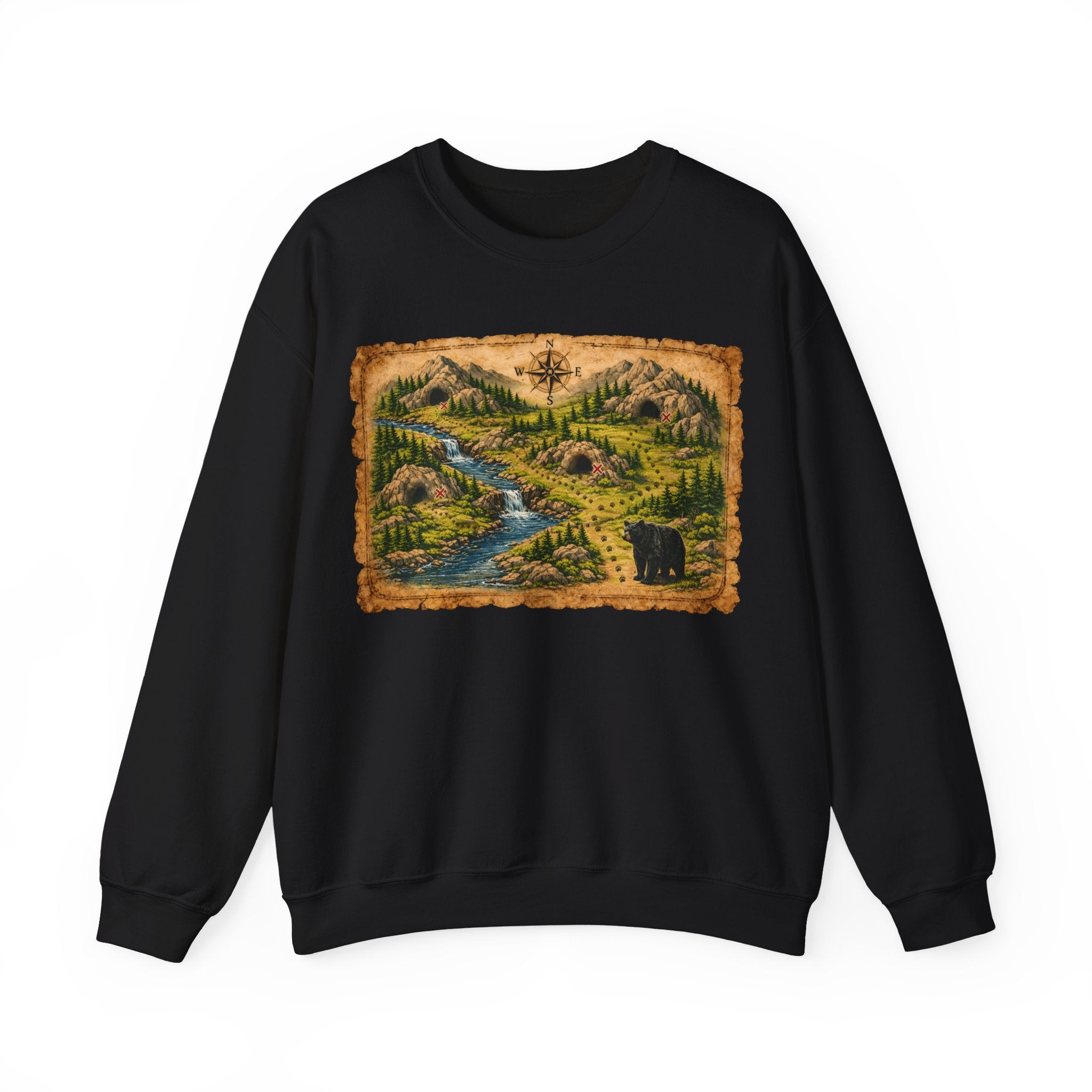 Bear Cave Treasure Map Unisex Crewneck Sweatshirt — Vintage Wilderness Map Graphic