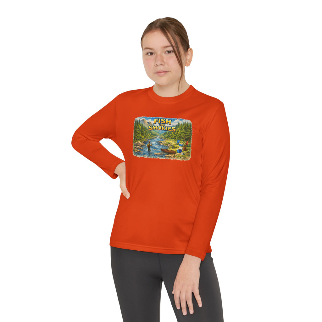 Youth Long Sleeve Tee - 'Fish Smokies' Scenic Fishing River Graphic