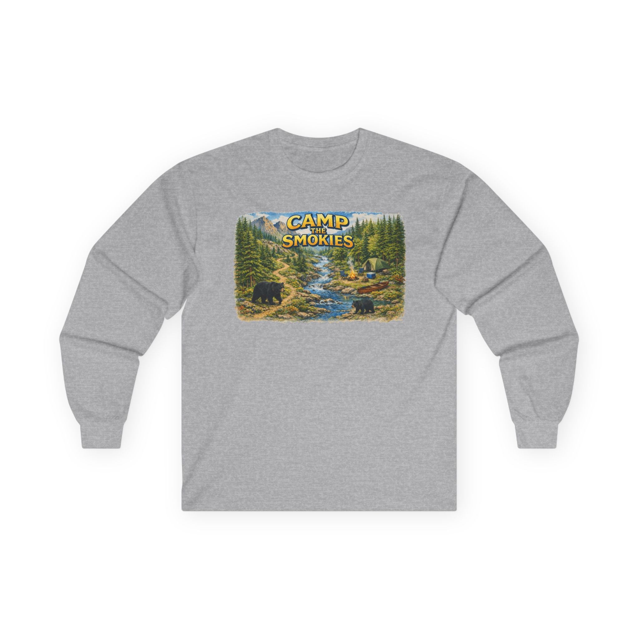 Camp The Smokies Scenic Long Sleeve Unisex Tee — Mountain Camping Bear Graphic