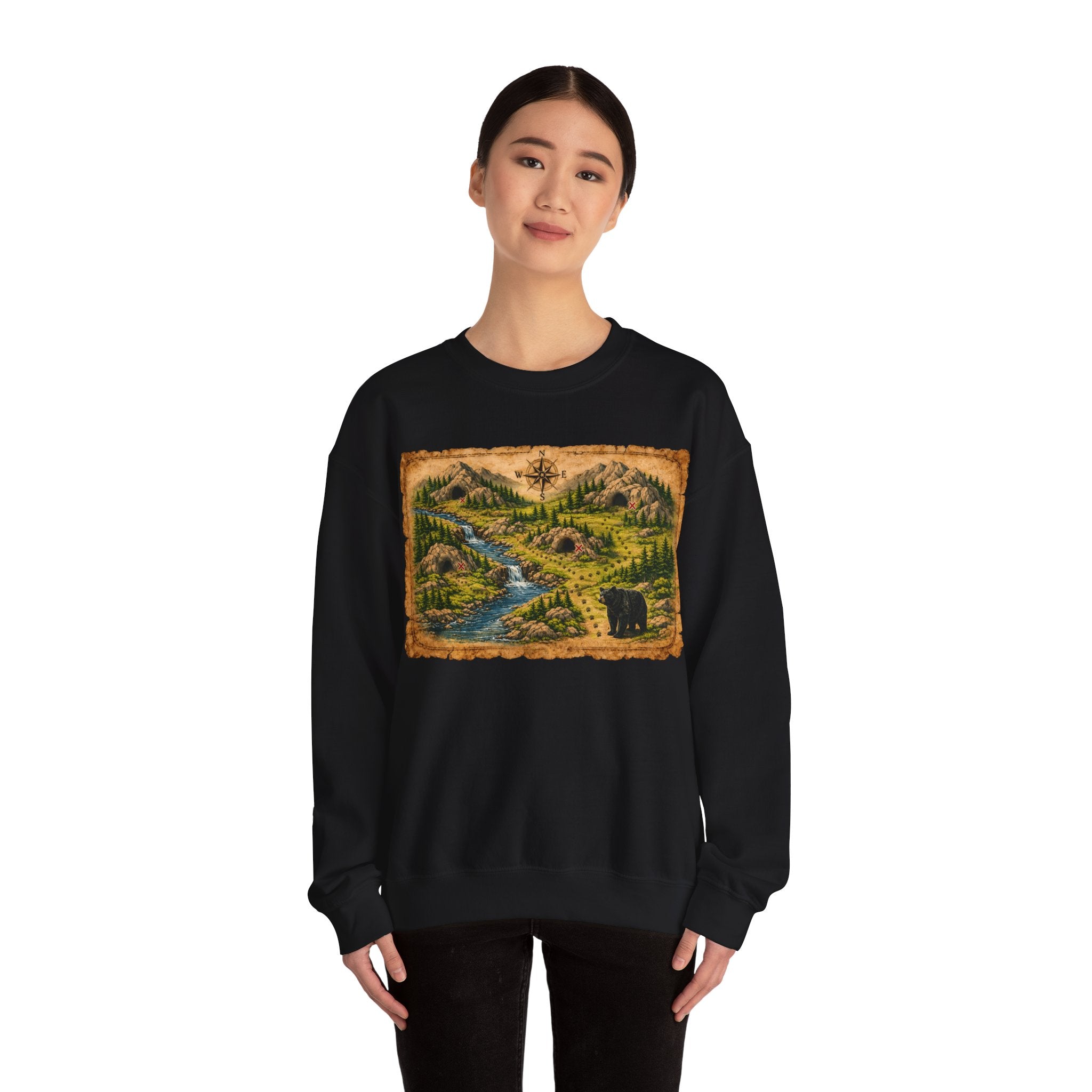 Bear Cave Treasure Map Unisex Crewneck Sweatshirt — Vintage Wilderness Map Graphic