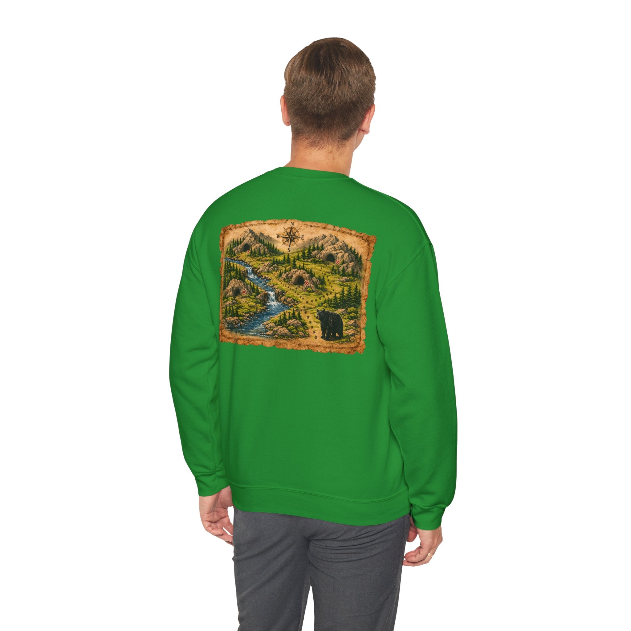 Bear Cave Treasure Map Unisex Crewneck Sweatshirt — Vintage Wilderness Map Graphic