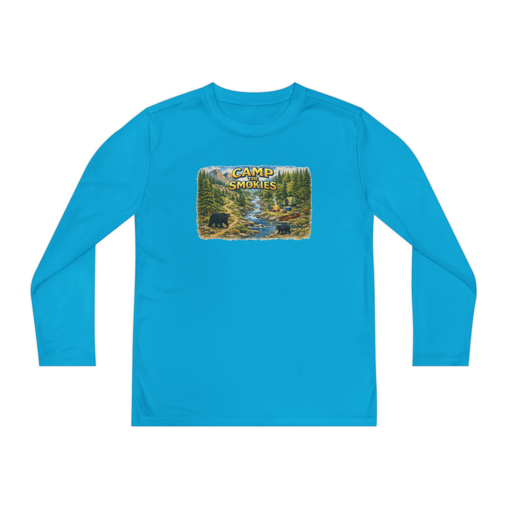 Camp Smokies Youth Long Sleeve Tee — Scenic Mountain River Camping Design
