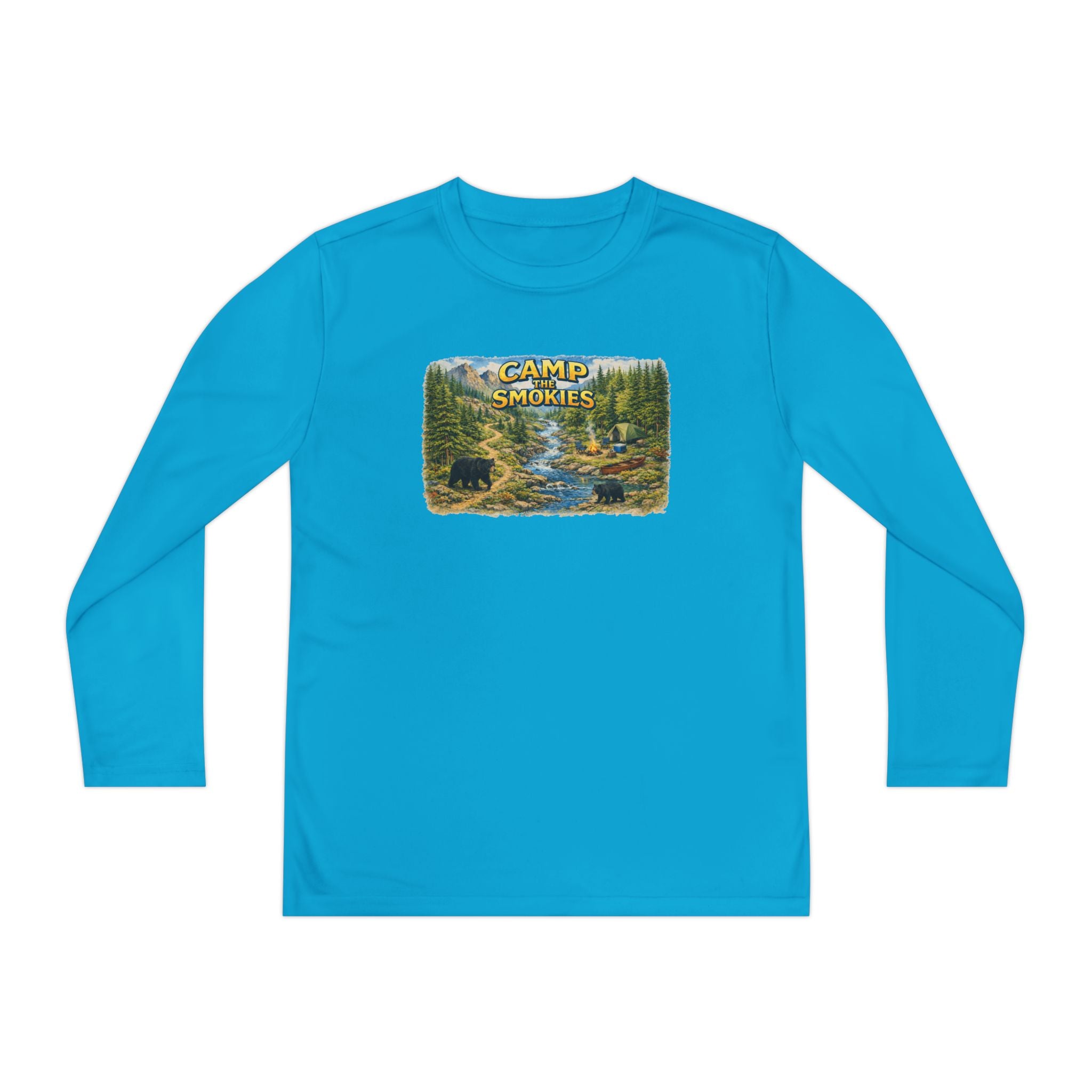 Camp Smokies Youth Long Sleeve Tee — Scenic Mountain River Camping Design