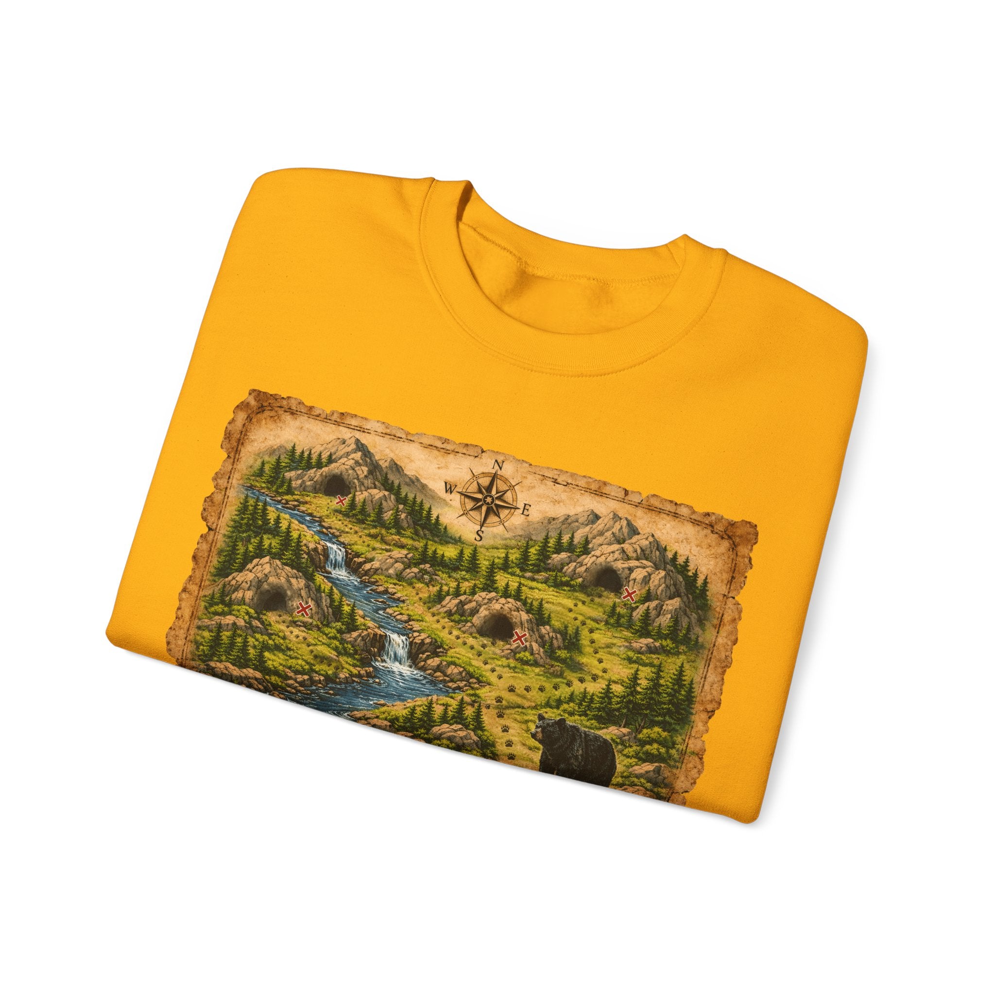 Bear Cave Treasure Map Unisex Crewneck Sweatshirt — Vintage Wilderness Map Graphic