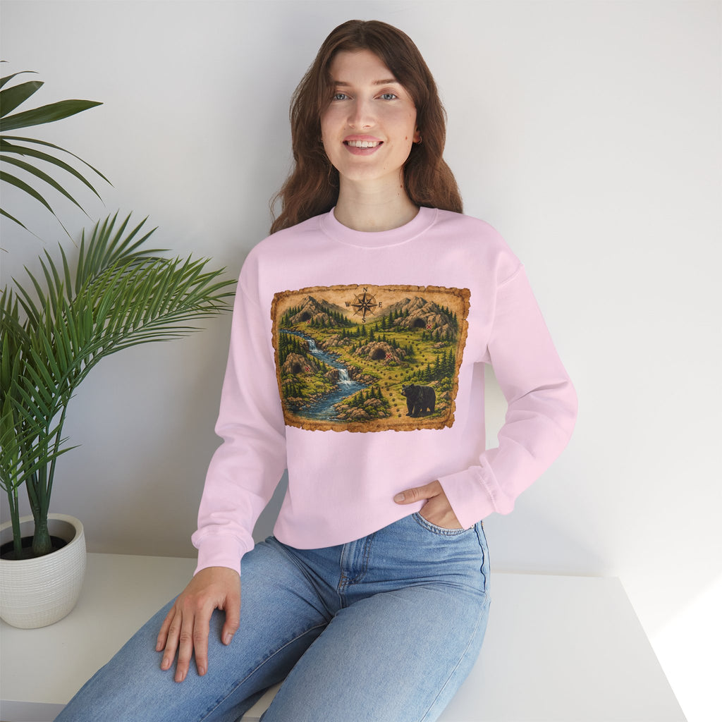 Bear Cave Treasure Map Unisex Crewneck Sweatshirt — Vintage Wilderness Map Graphic