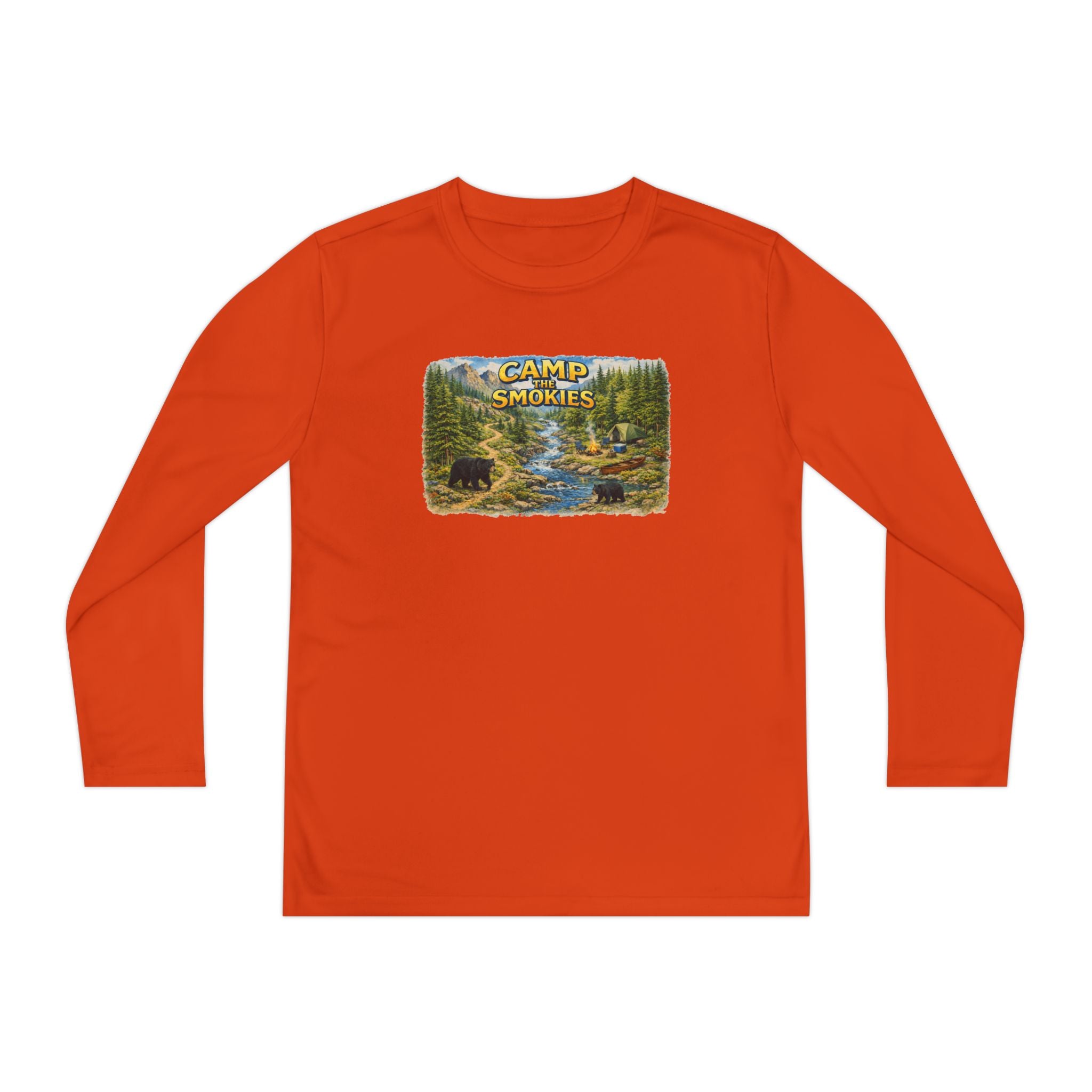 Camp Smokies Youth Long Sleeve Tee — Scenic Mountain River Camping Design