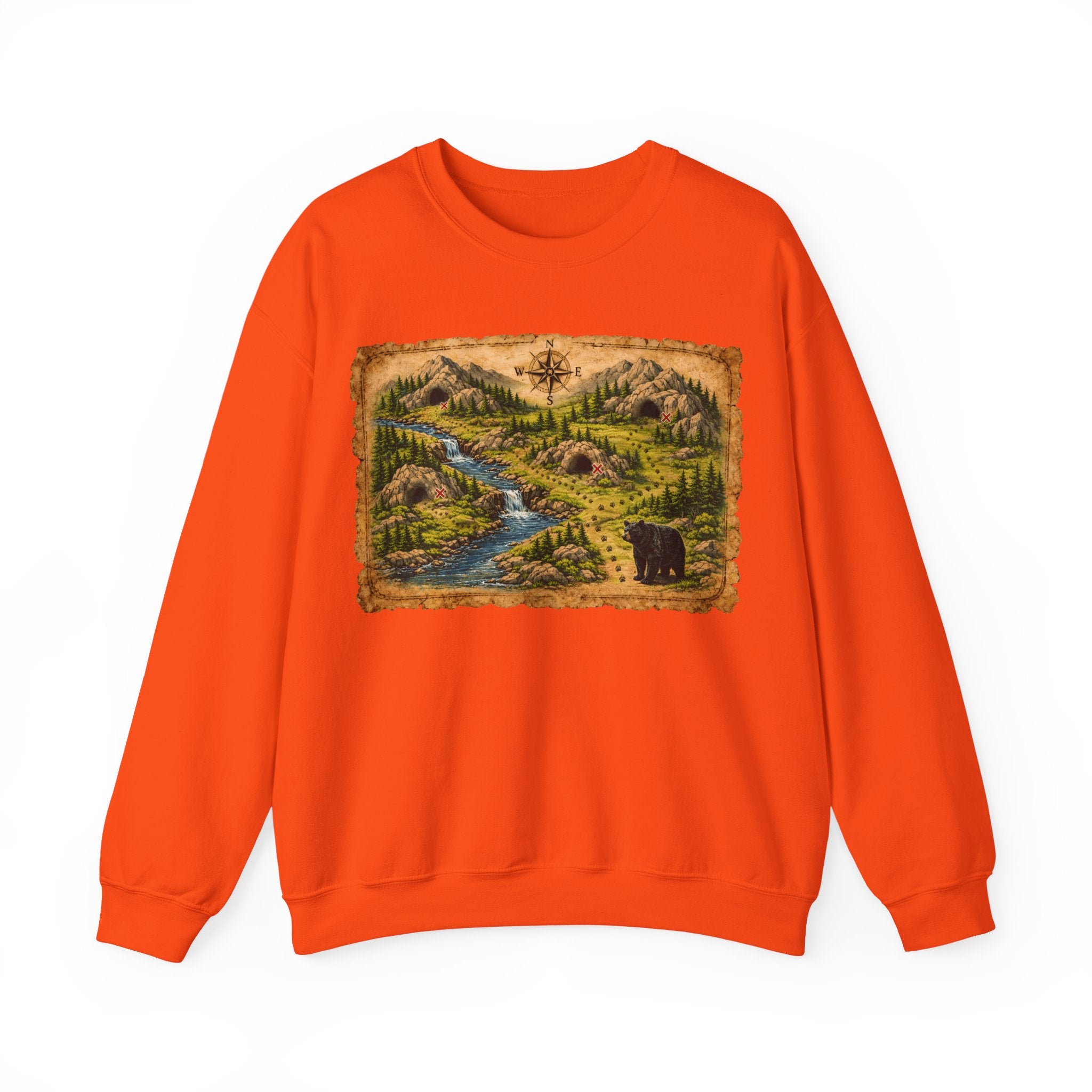 Bear Cave Treasure Map Unisex Crewneck Sweatshirt — Vintage Wilderness Map Graphic