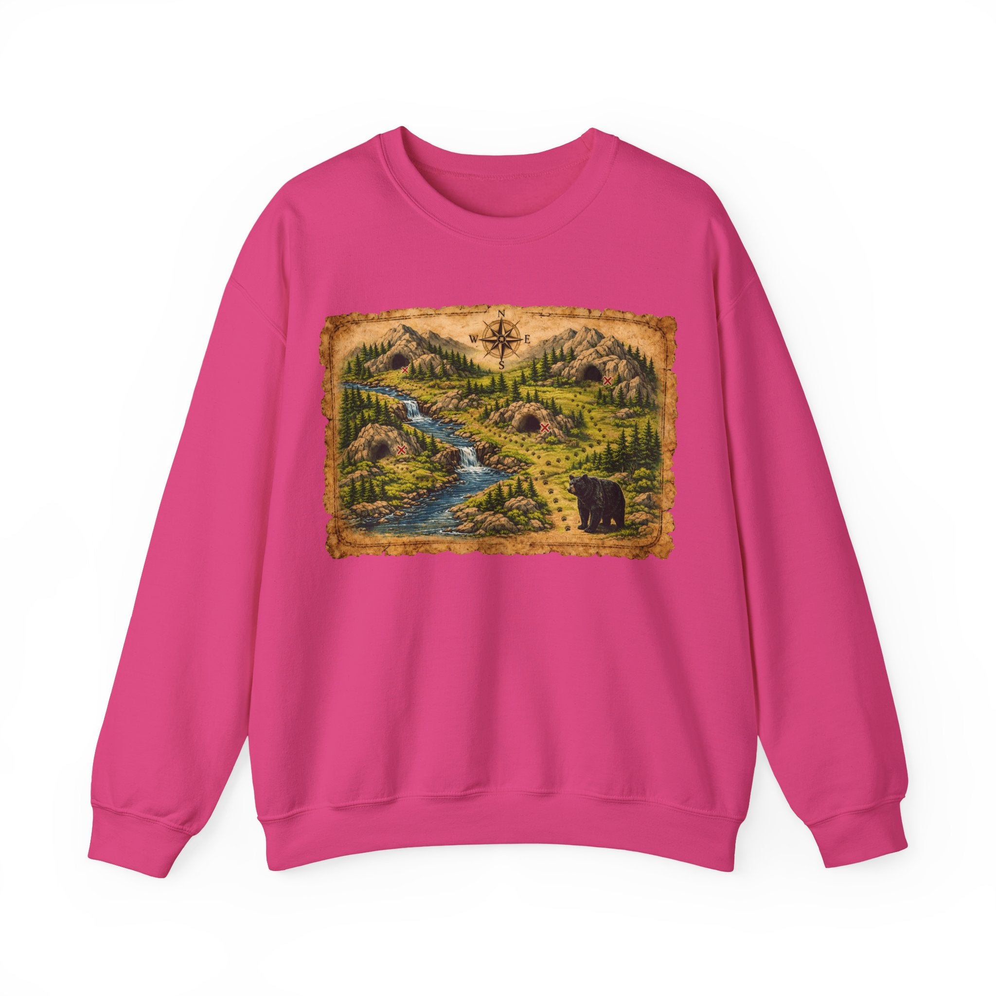 Bear Cave Treasure Map Unisex Crewneck Sweatshirt — Vintage Wilderness Map Graphic