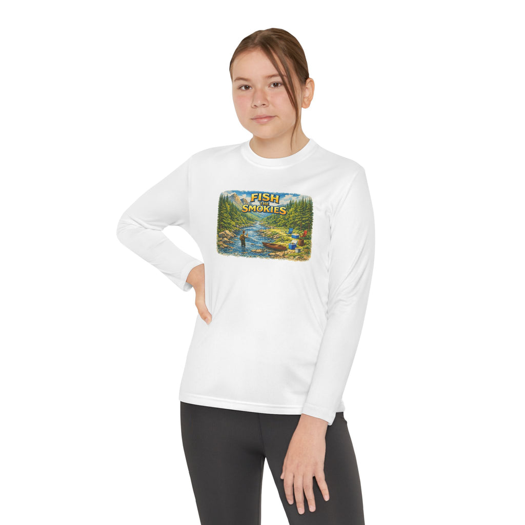 Youth Long Sleeve Tee - 'Fish Smokies' Scenic Fishing River Graphic