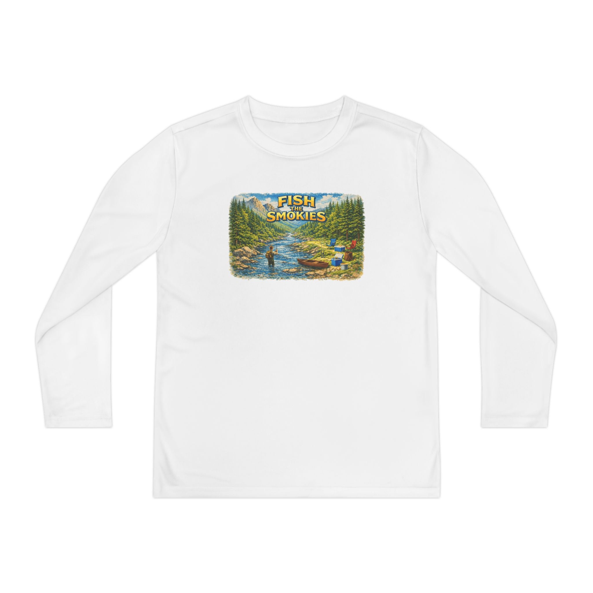 Youth Long Sleeve Tee - 'Fish Smokies' Scenic Fishing River Graphic