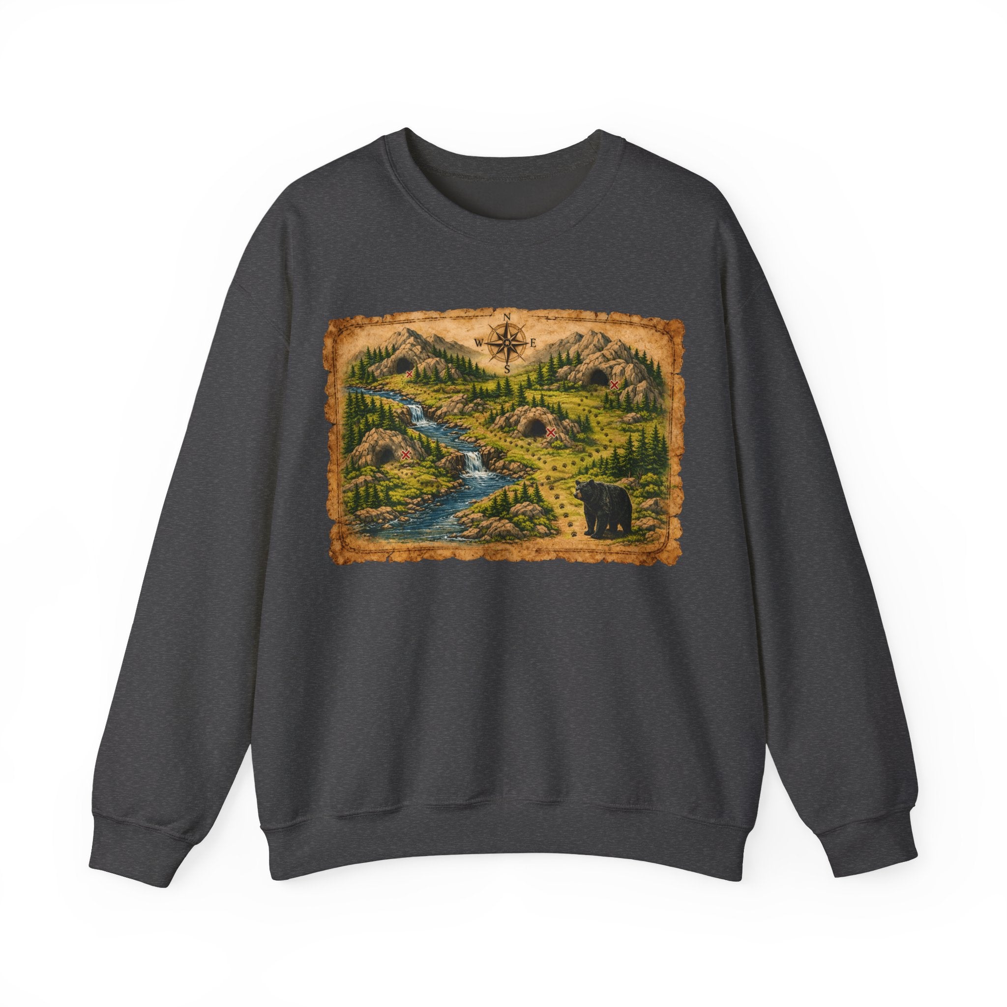 Bear Cave Treasure Map Unisex Crewneck Sweatshirt — Vintage Wilderness Map Graphic