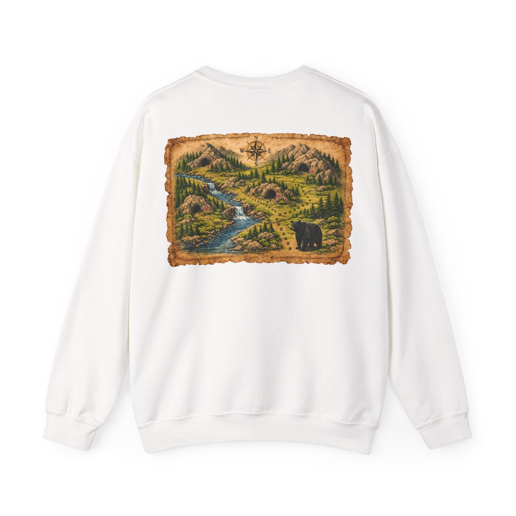 Bear Cave Treasure Map Unisex Crewneck Sweatshirt — Vintage Wilderness Map Graphic
