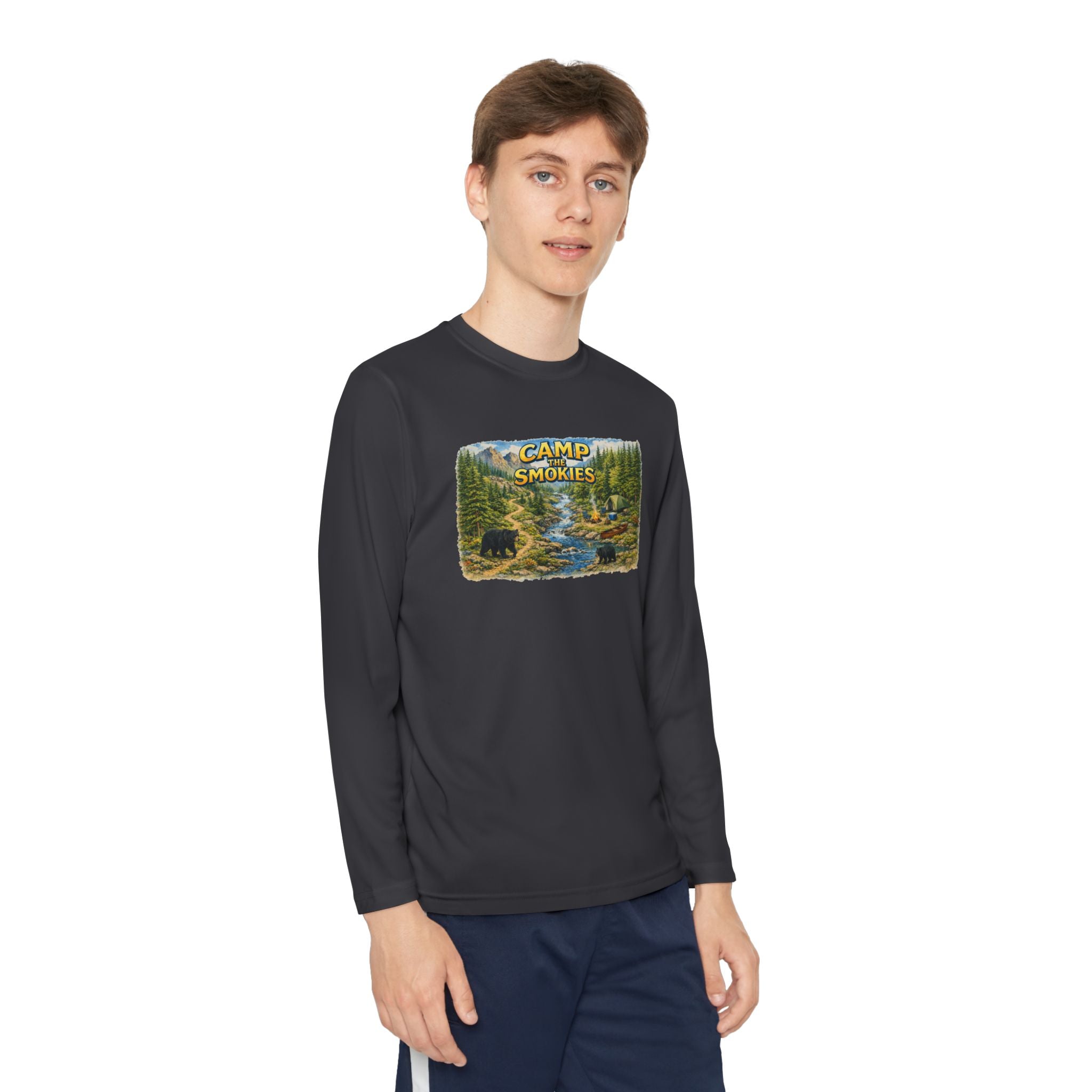 Camp Smokies Youth Long Sleeve Tee — Scenic Mountain River Camping Design