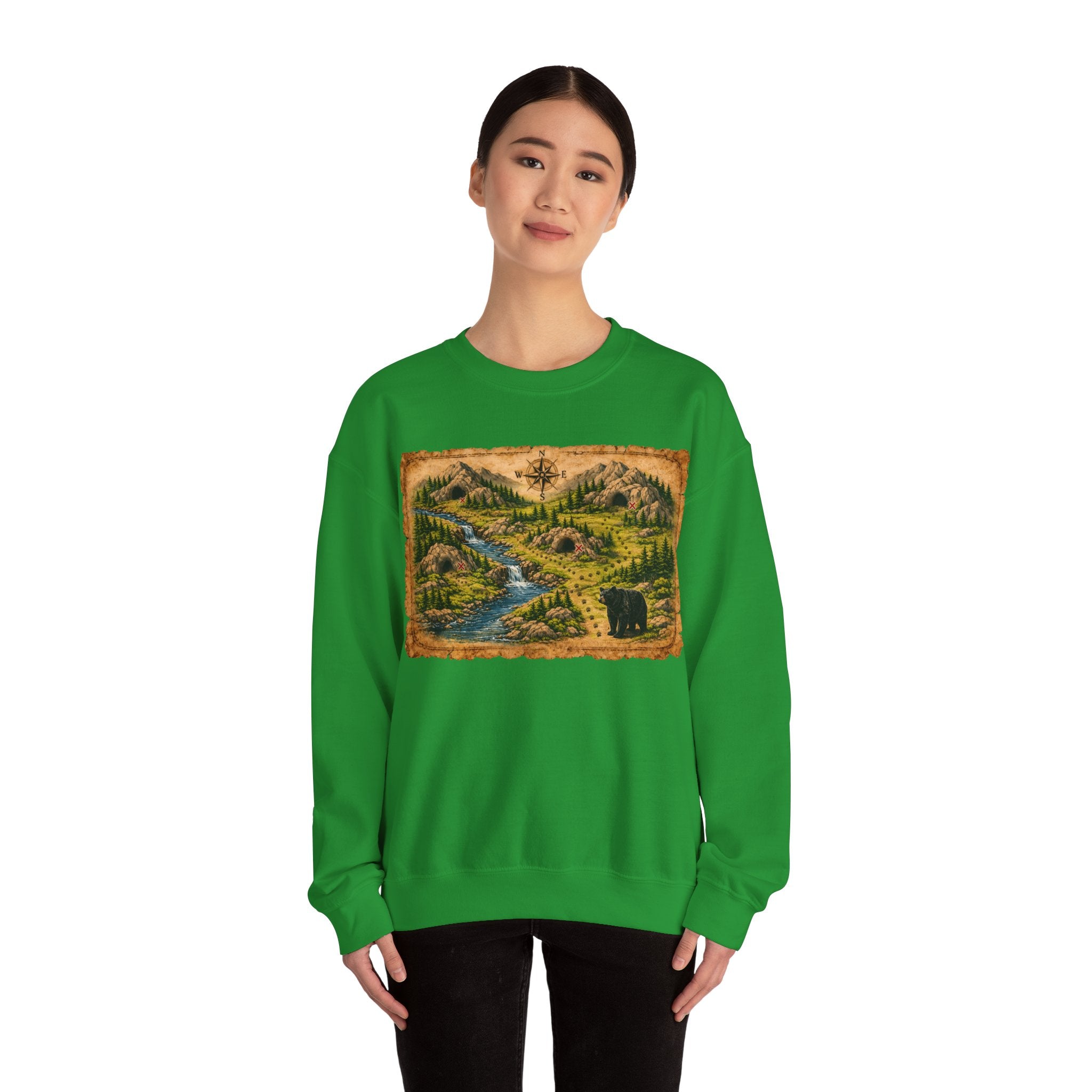 Bear Cave Treasure Map Unisex Crewneck Sweatshirt — Vintage Wilderness Map Graphic