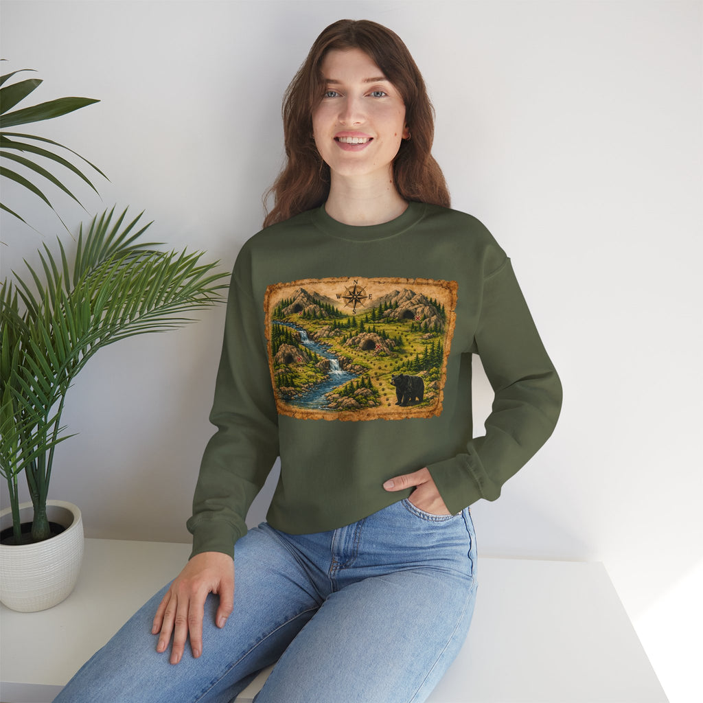 Bear Cave Treasure Map Unisex Crewneck Sweatshirt — Vintage Wilderness Map Graphic