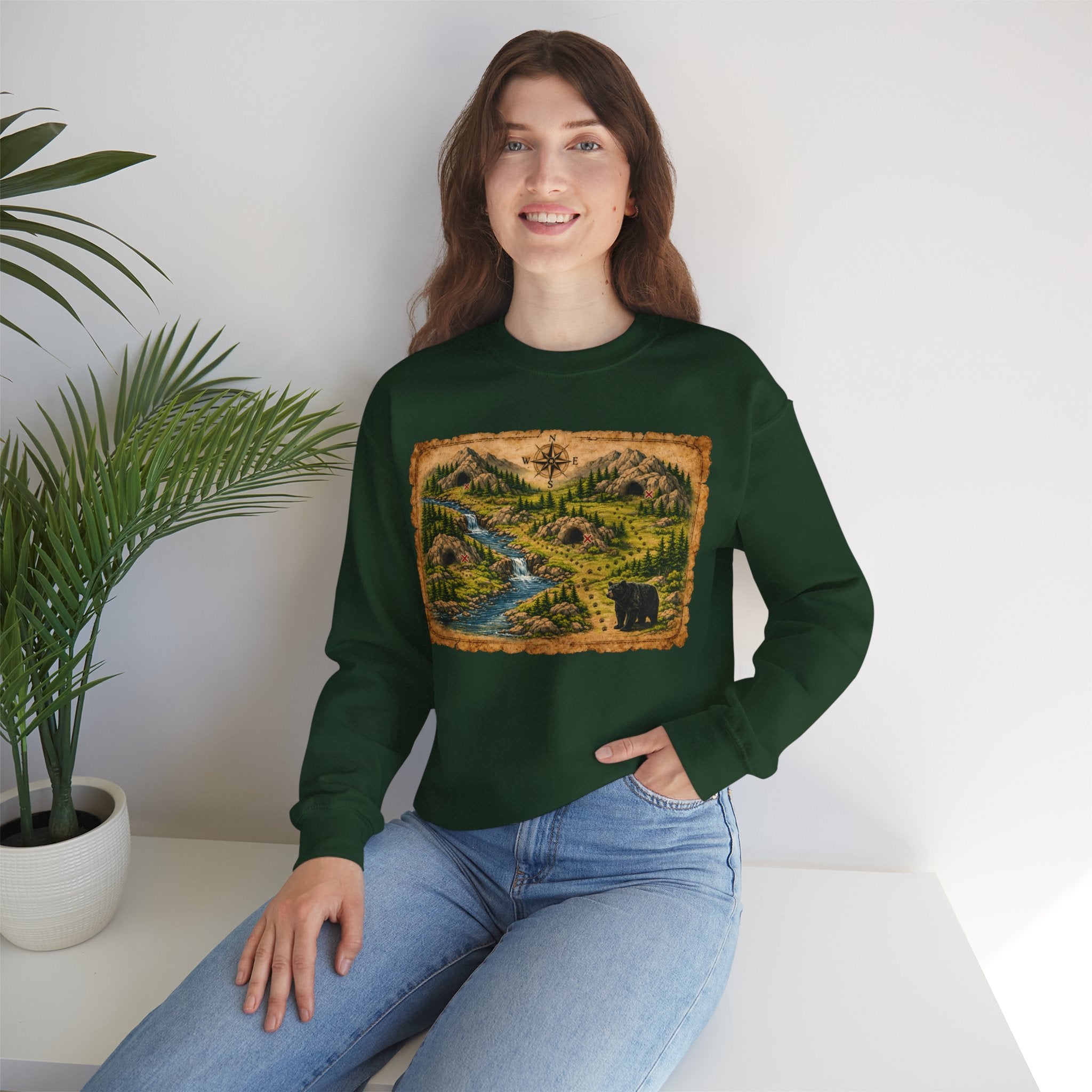 Bear Cave Treasure Map Unisex Crewneck Sweatshirt — Vintage Wilderness Map Graphic
