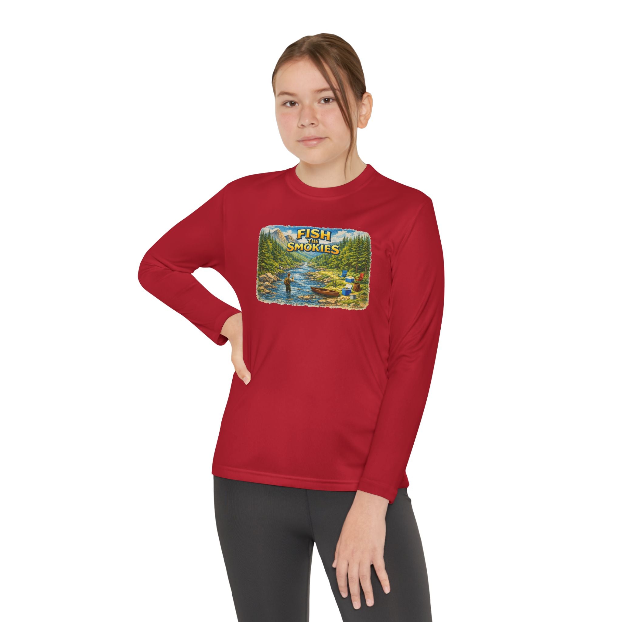 Youth Long Sleeve Tee - 'Fish Smokies' Scenic Fishing River Graphic