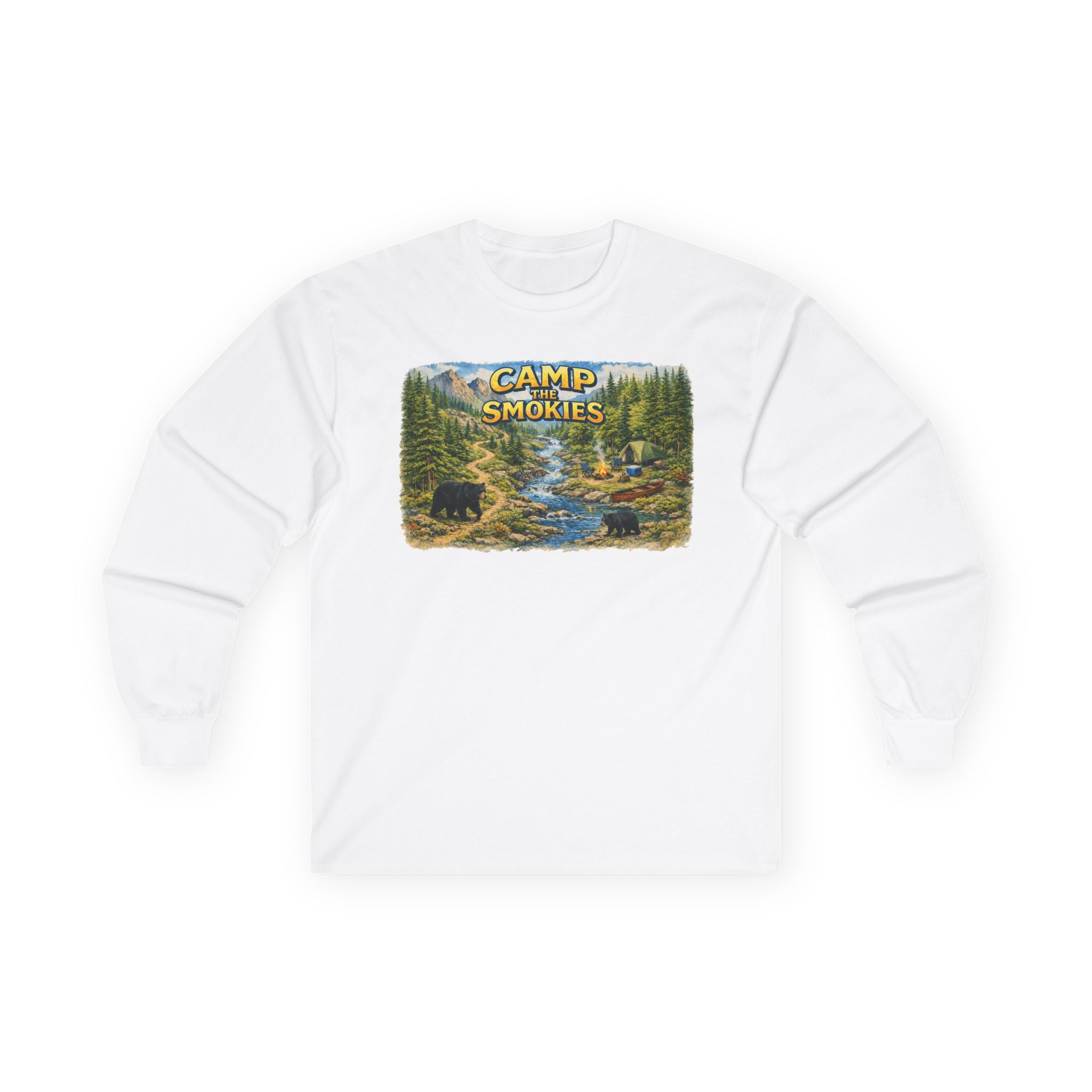 Camp The Smokies Scenic Long Sleeve Unisex Tee — Mountain Camping Bear Graphic