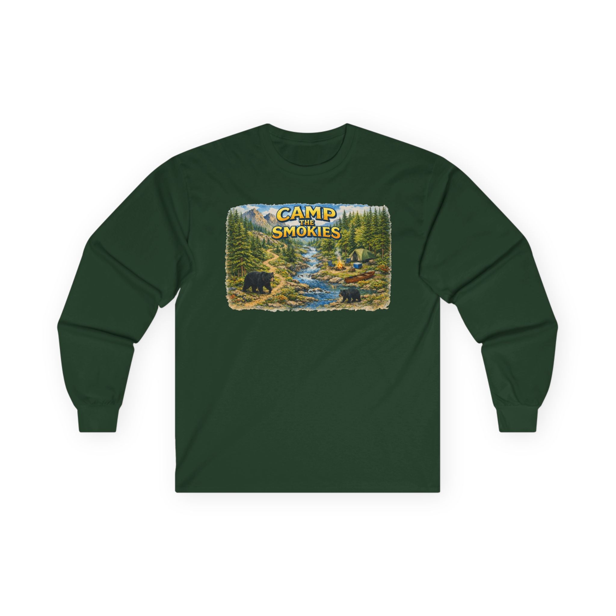Camp The Smokies Scenic Long Sleeve Unisex Tee — Mountain Camping Bear Graphic