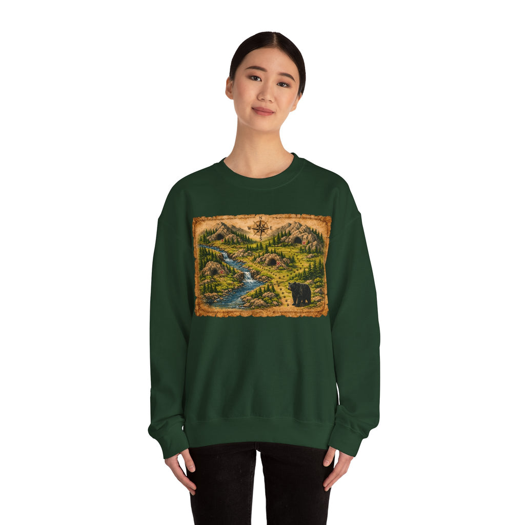 Bear Cave Treasure Map Unisex Crewneck Sweatshirt — Vintage Wilderness Map Graphic