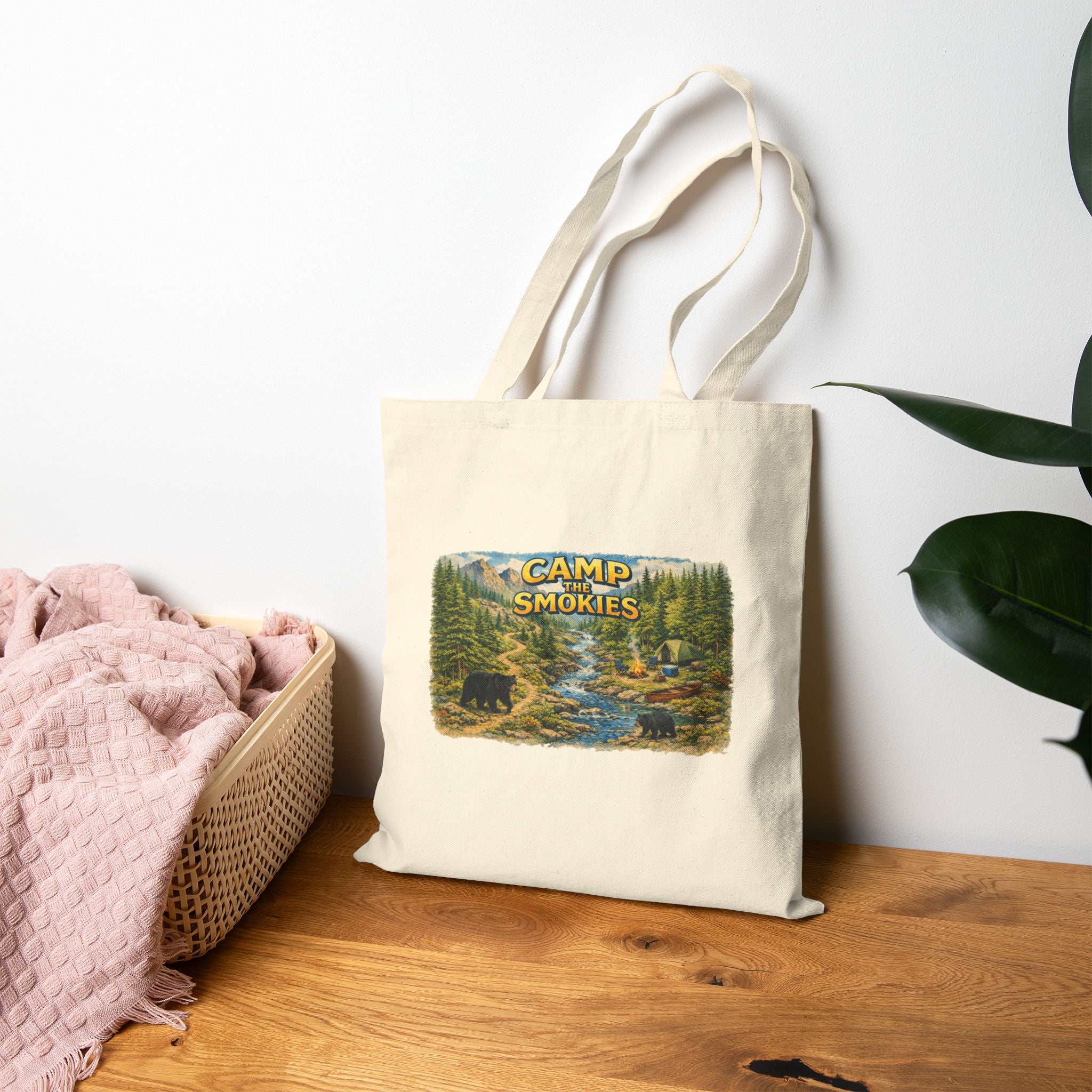 Camp The Smokies Canvas Tote Bag — Rustic Camping Bear Nature Design