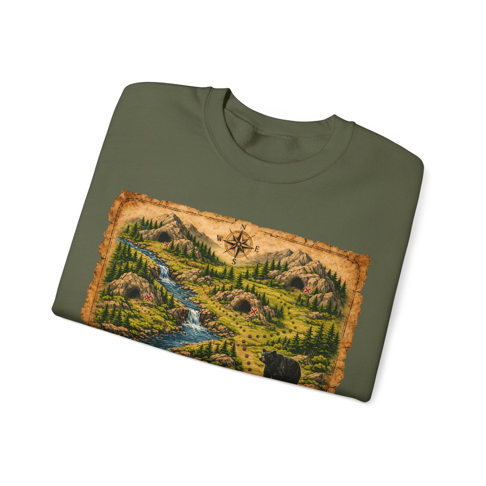 Bear Cave Treasure Map Unisex Crewneck Sweatshirt — Vintage Wilderness Map Graphic