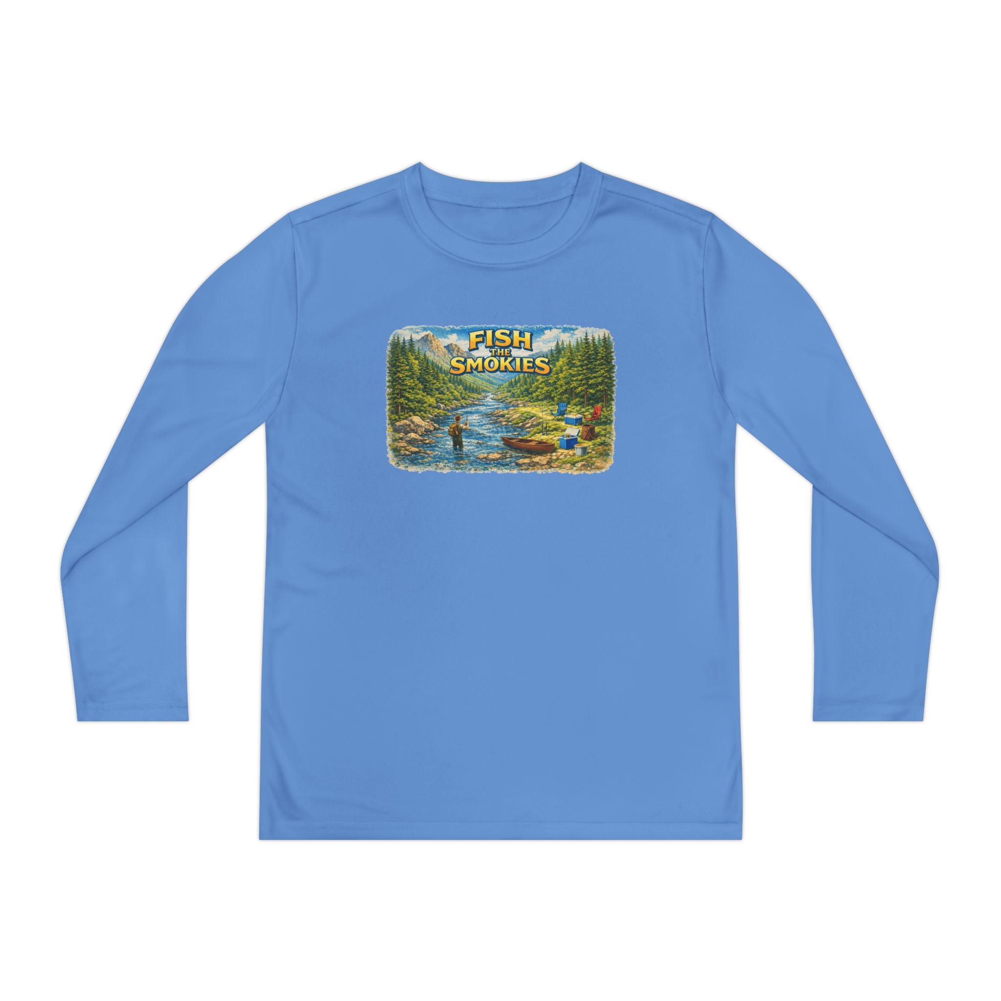 Youth Long Sleeve Tee - 'Fish Smokies' Scenic Fishing River Graphic