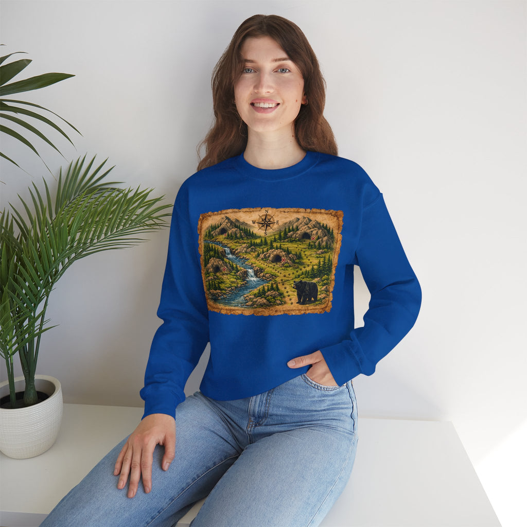 Bear Cave Treasure Map Unisex Crewneck Sweatshirt — Vintage Wilderness Map Graphic