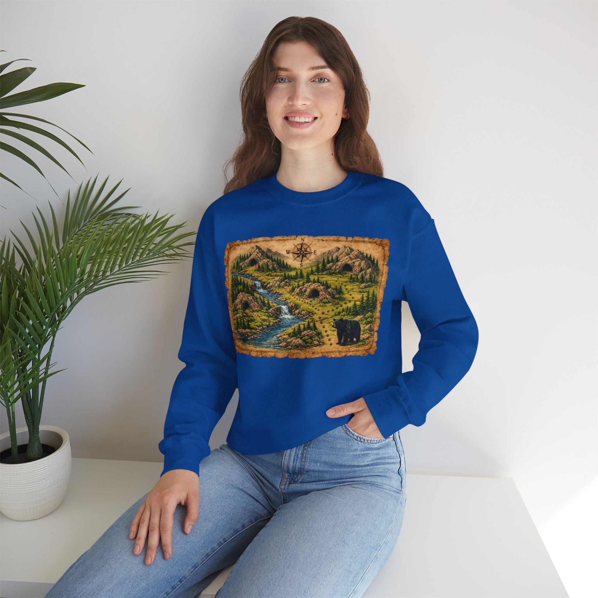 Bear Cave Treasure Map Unisex Crewneck Sweatshirt — Vintage Wilderness Map Graphic