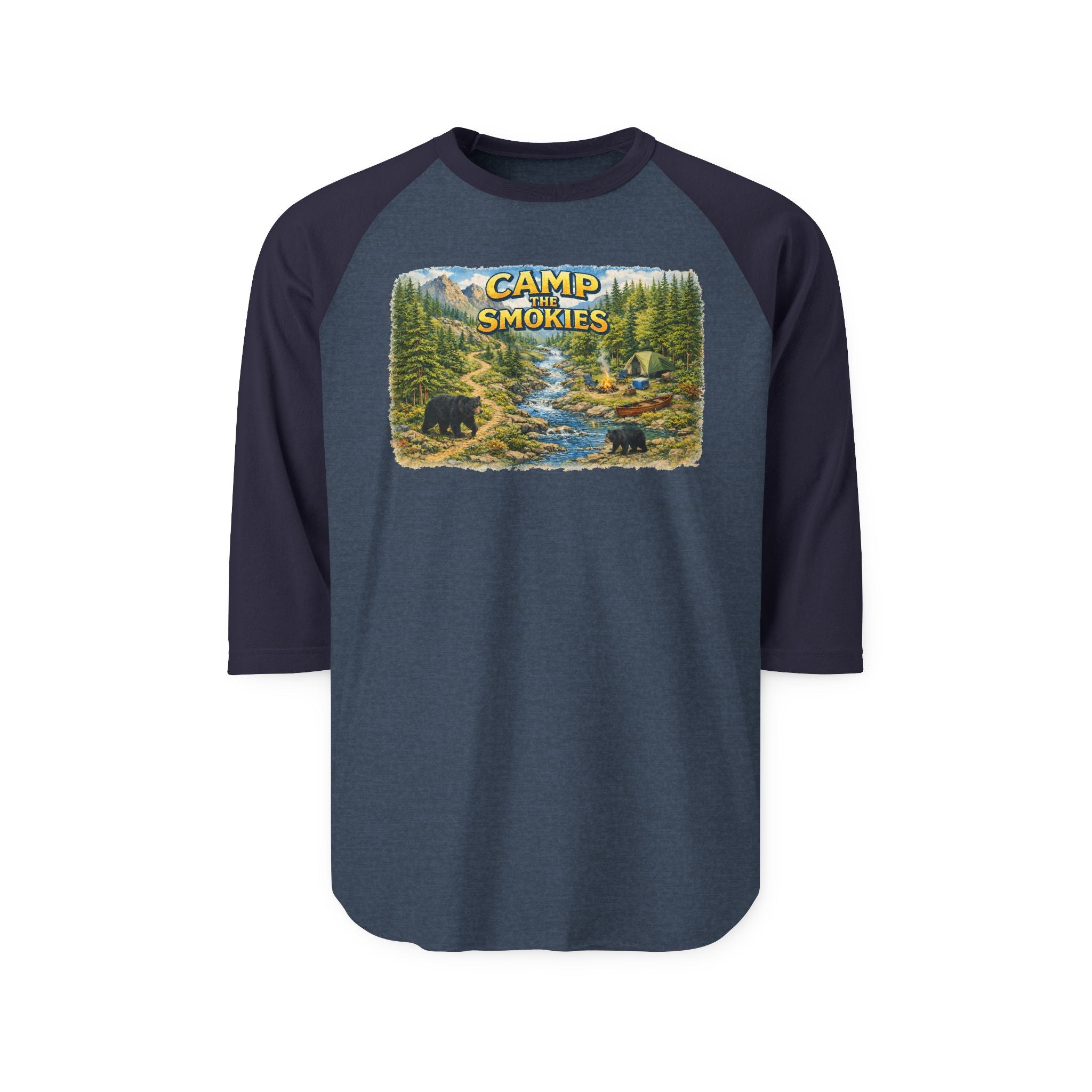 Camp The Smokies Unisex Raglan Shirt — Vintage Mountain Camping Baseball Tee