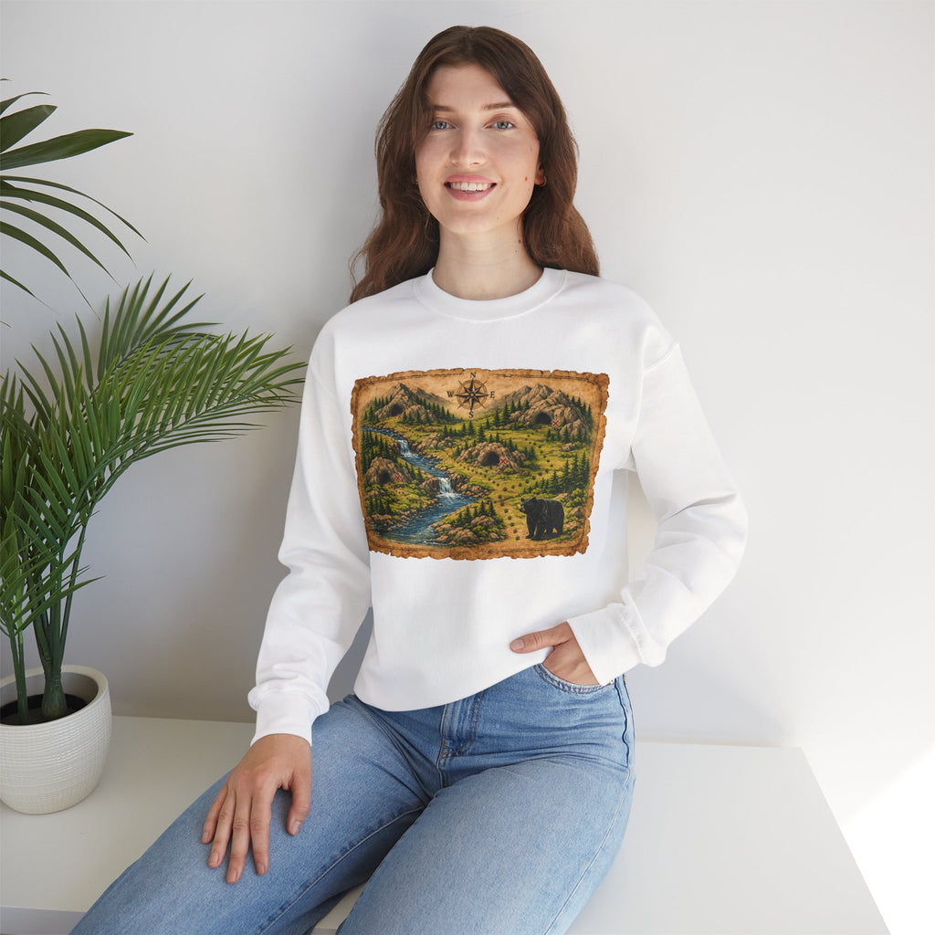 Bear Cave Treasure Map Unisex Crewneck Sweatshirt — Vintage Wilderness Map Graphic