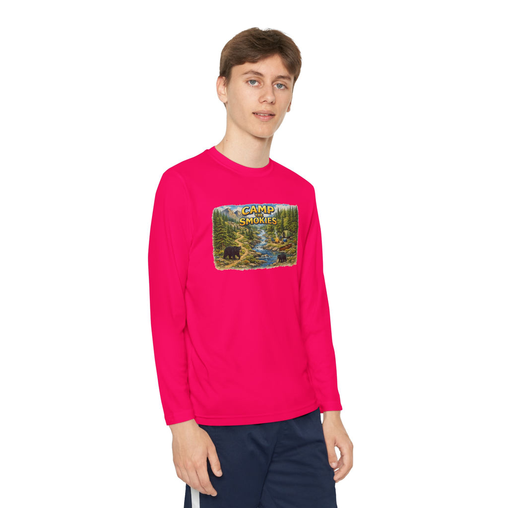 Camp Smokies Youth Long Sleeve Tee — Scenic Mountain River Camping Design
