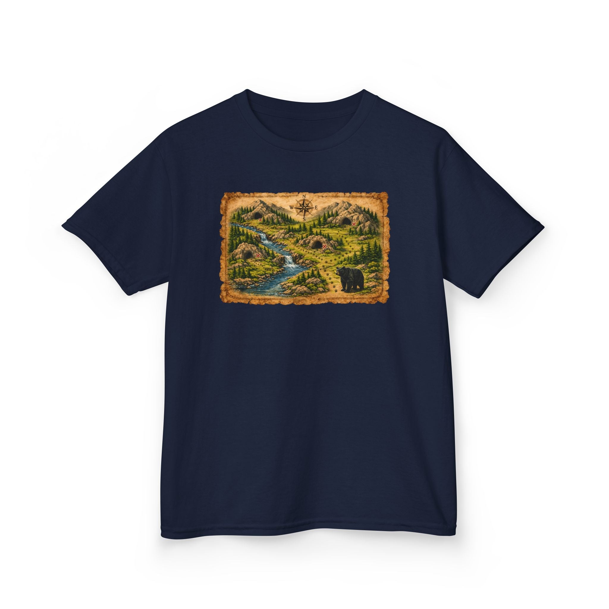 Kids Tee — Bear Cave Treasure Map "Which Cave Has the Bear?"