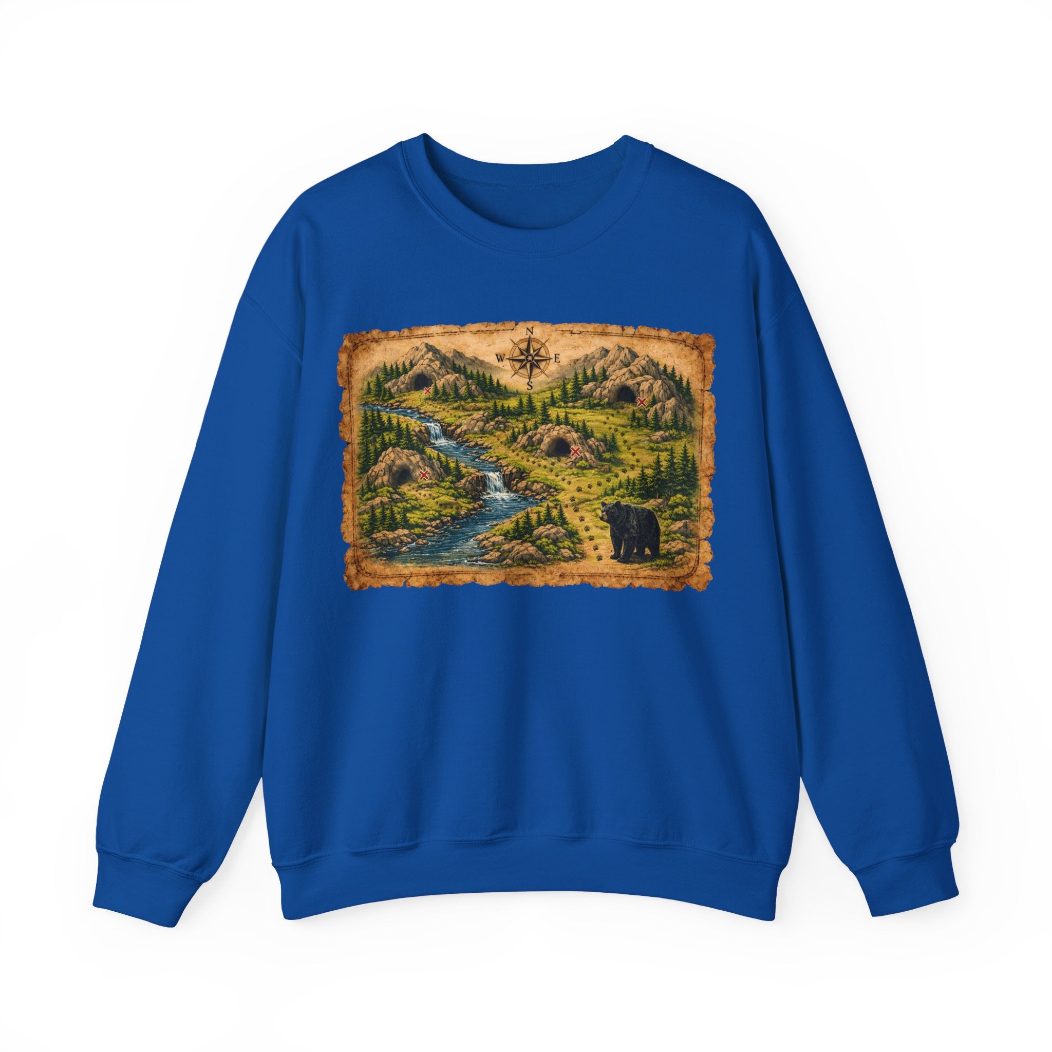 Bear Cave Treasure Map Unisex Crewneck Sweatshirt — Vintage Wilderness Map Graphic