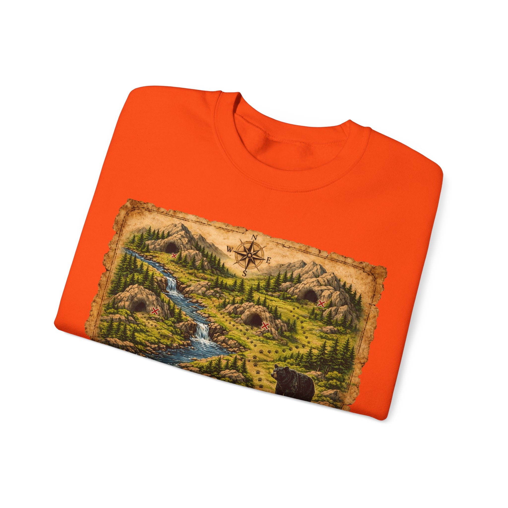 Bear Cave Treasure Map Unisex Crewneck Sweatshirt — Vintage Wilderness Map Graphic