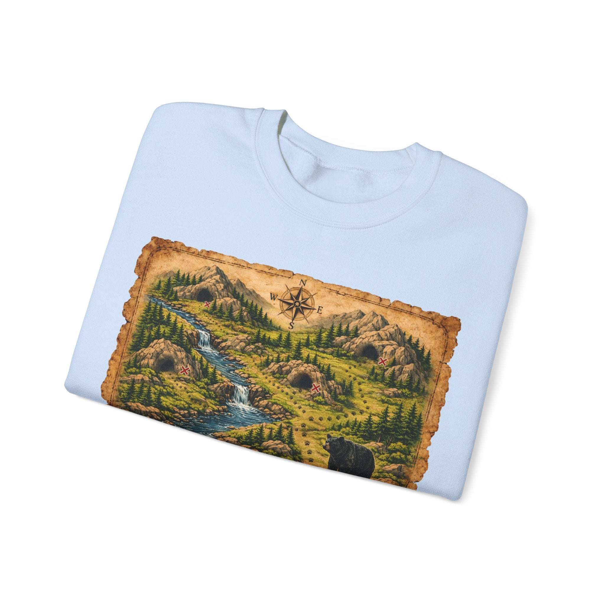 Bear Cave Treasure Map Unisex Crewneck Sweatshirt — Vintage Wilderness Map Graphic