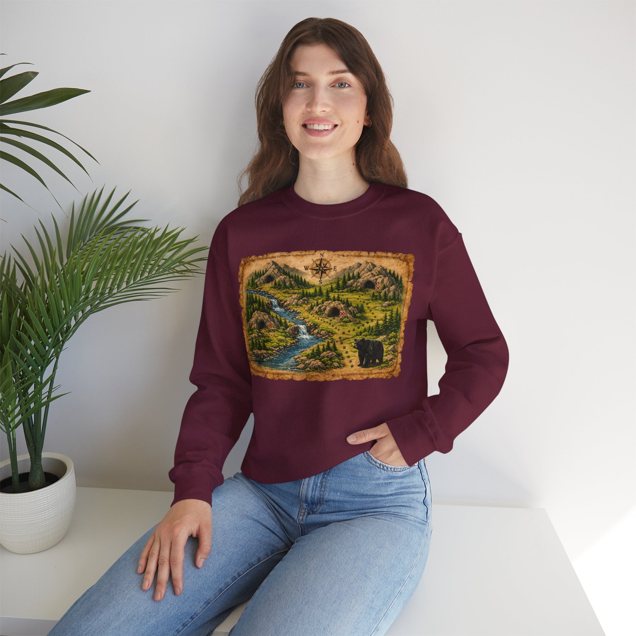 Bear Cave Treasure Map Unisex Crewneck Sweatshirt — Vintage Wilderness Map Graphic