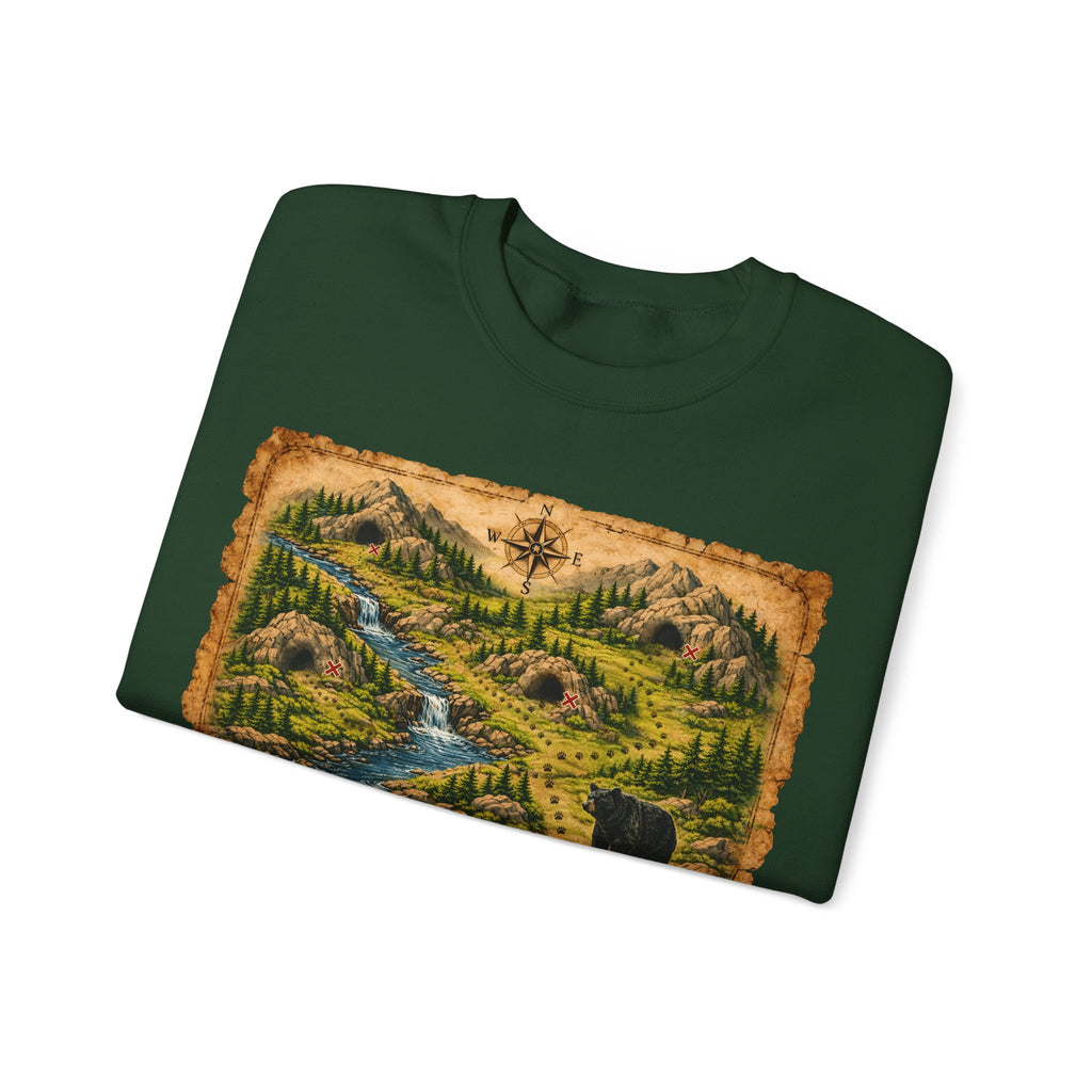 Bear Cave Treasure Map Unisex Crewneck Sweatshirt — Vintage Wilderness Map Graphic