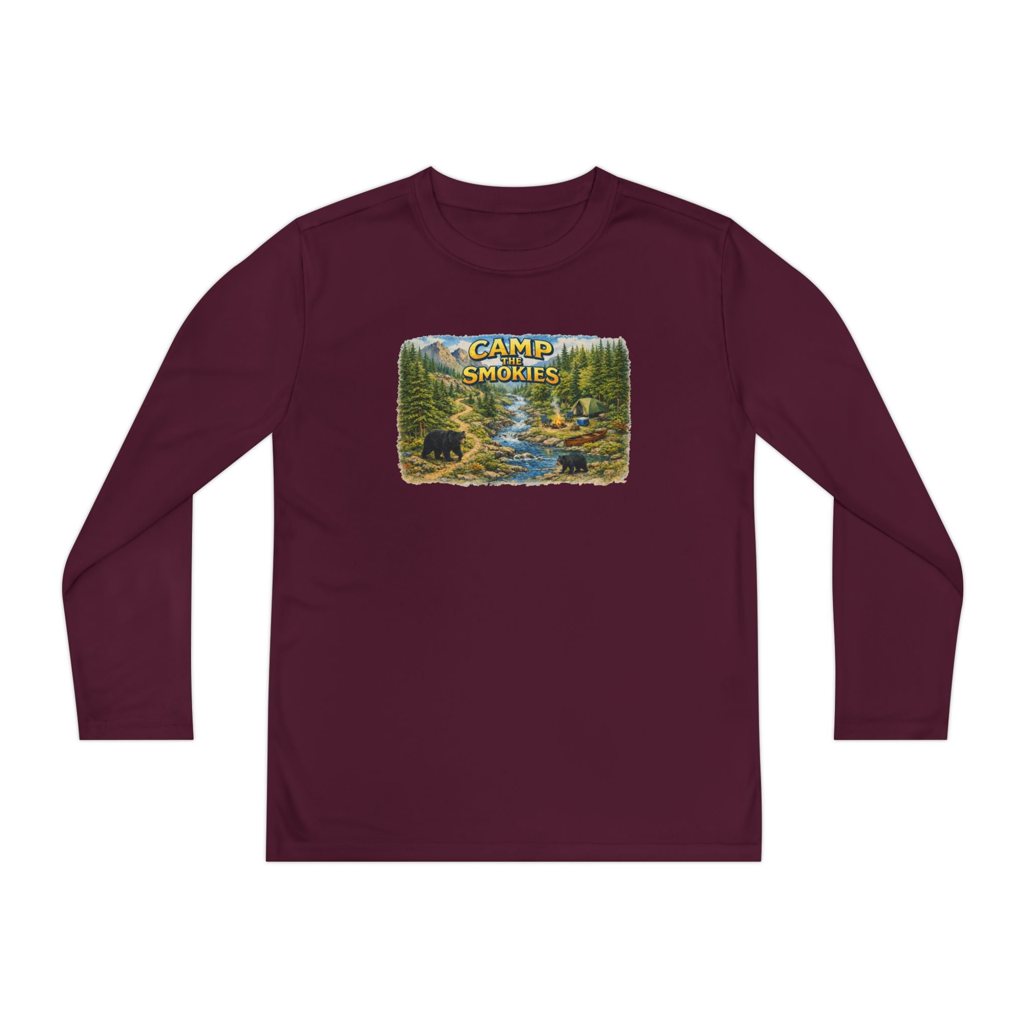Camp Smokies Youth Long Sleeve Tee — Scenic Mountain River Camping Design