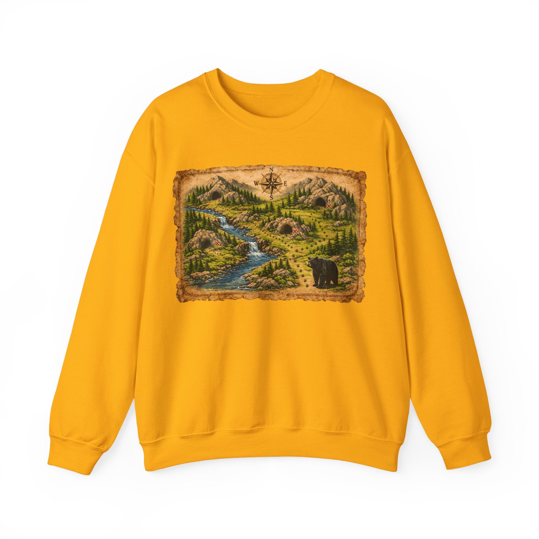 Bear Cave Treasure Map Unisex Crewneck Sweatshirt — Vintage Wilderness Map Graphic