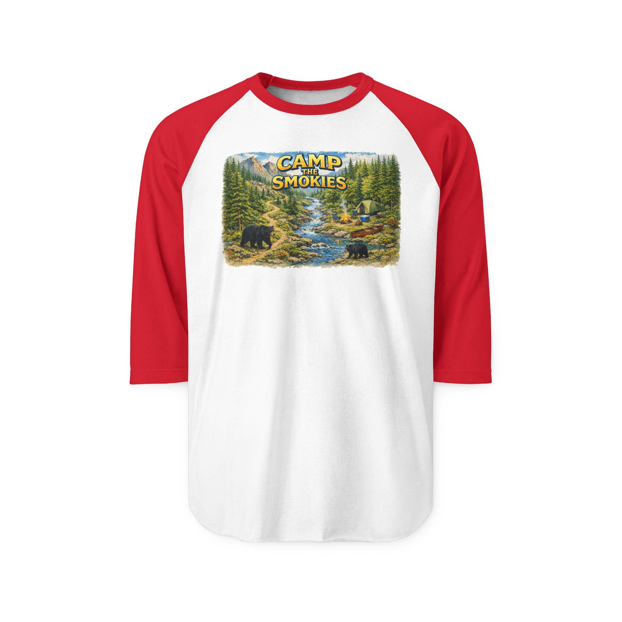 Camp The Smokies Unisex Raglan Shirt — Vintage Mountain Camping Baseball Tee
