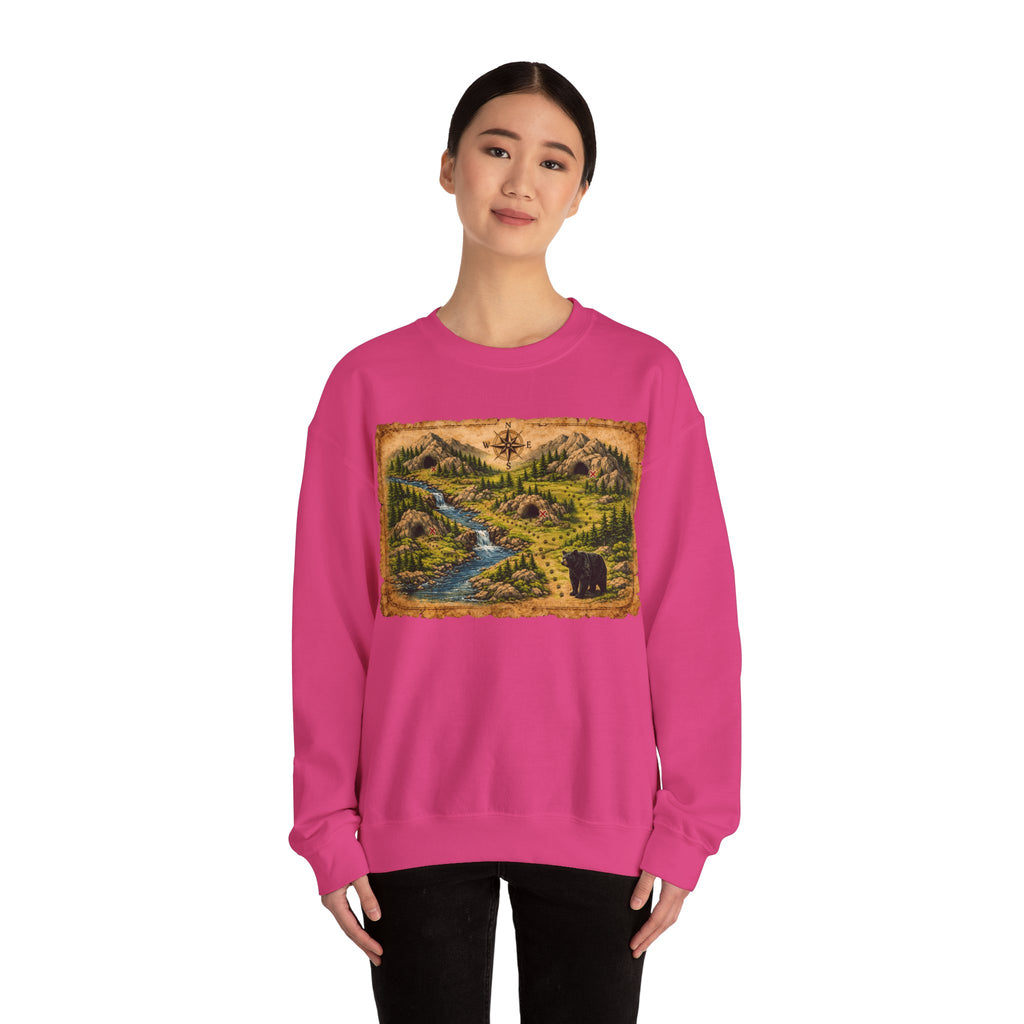 Bear Cave Treasure Map Unisex Crewneck Sweatshirt — Vintage Wilderness Map Graphic