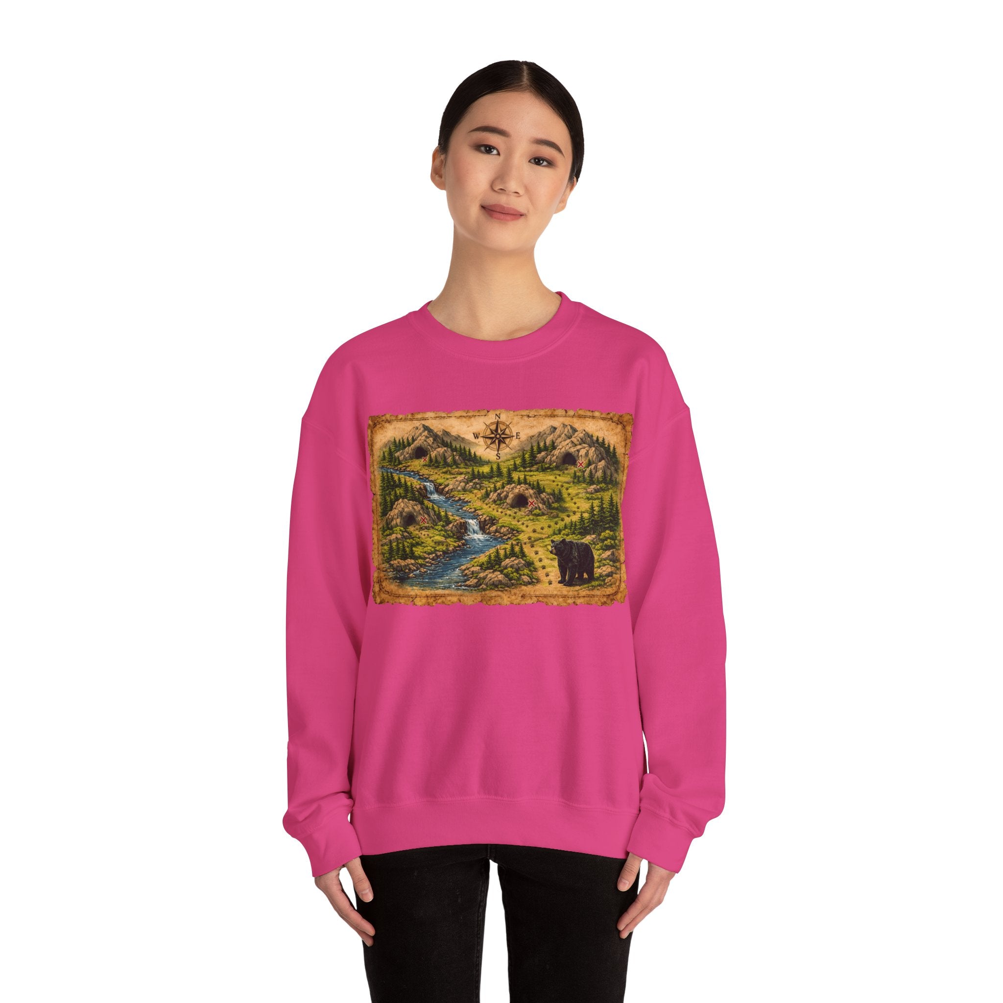 Bear Cave Treasure Map Unisex Crewneck Sweatshirt — Vintage Wilderness Map Graphic