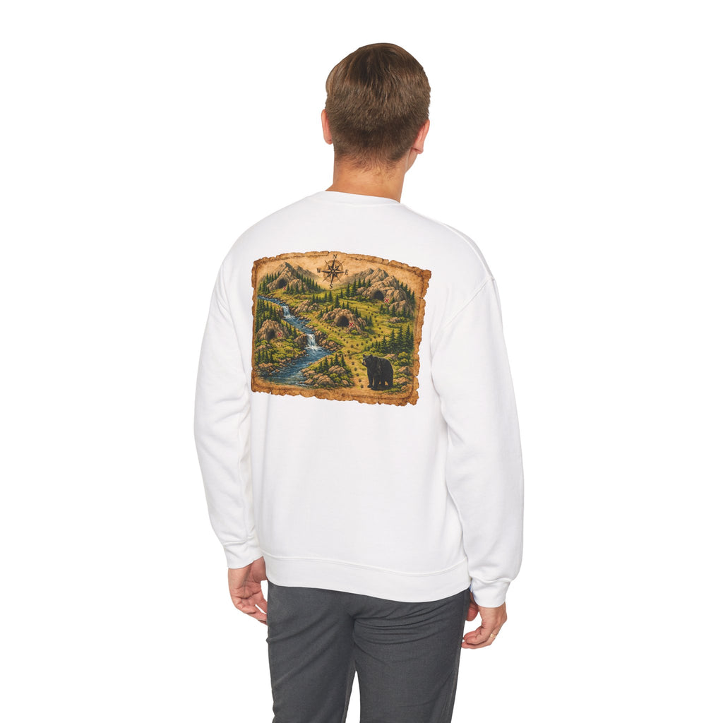 Bear Cave Treasure Map Unisex Crewneck Sweatshirt — Vintage Wilderness Map Graphic