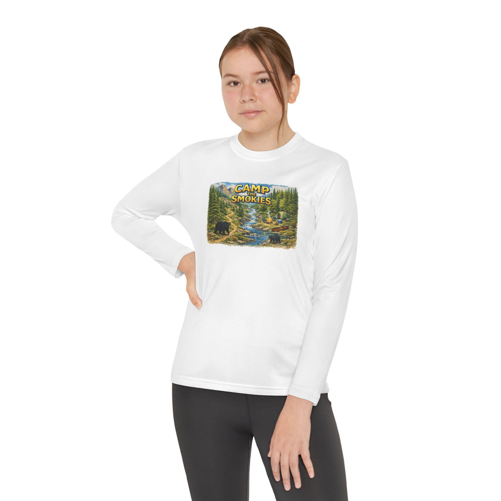 Camp Smokies Youth Long Sleeve Tee — Scenic Mountain River Camping Design