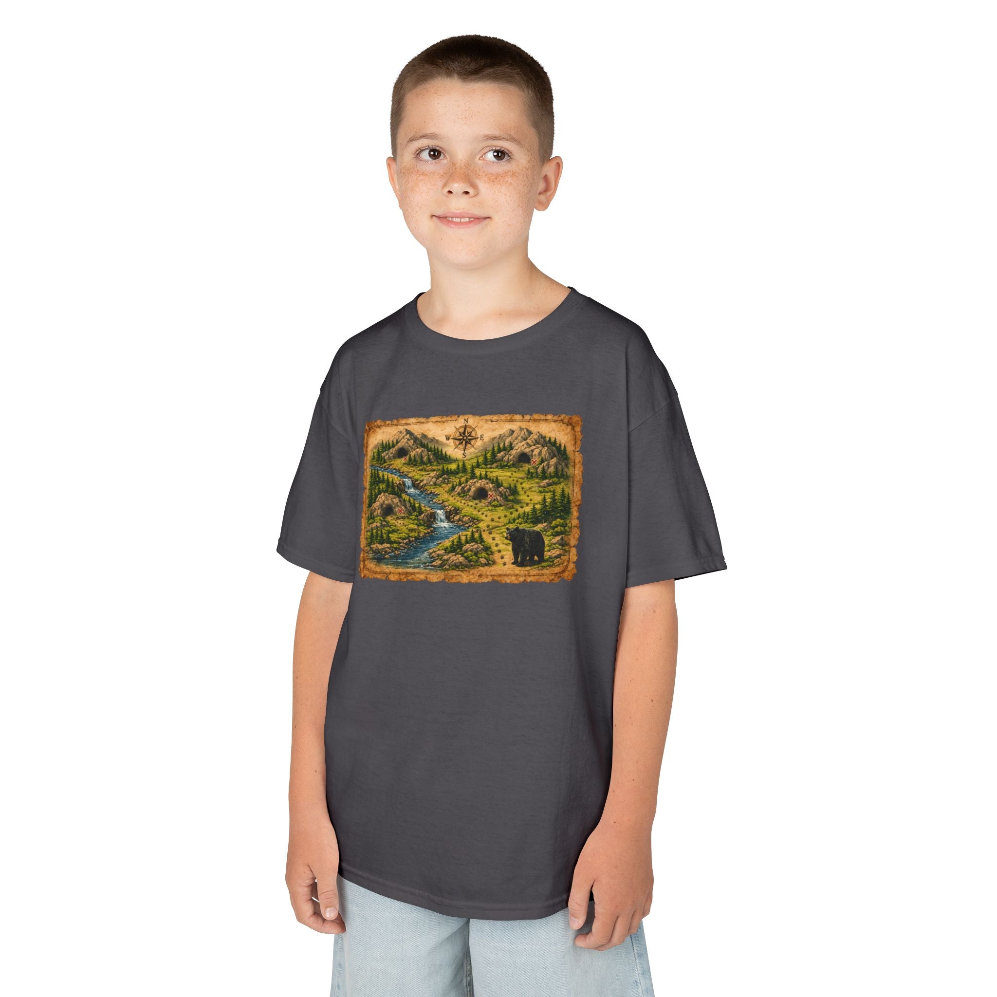 Kids Tee — Bear Cave Treasure Map "Which Cave Has the Bear?"