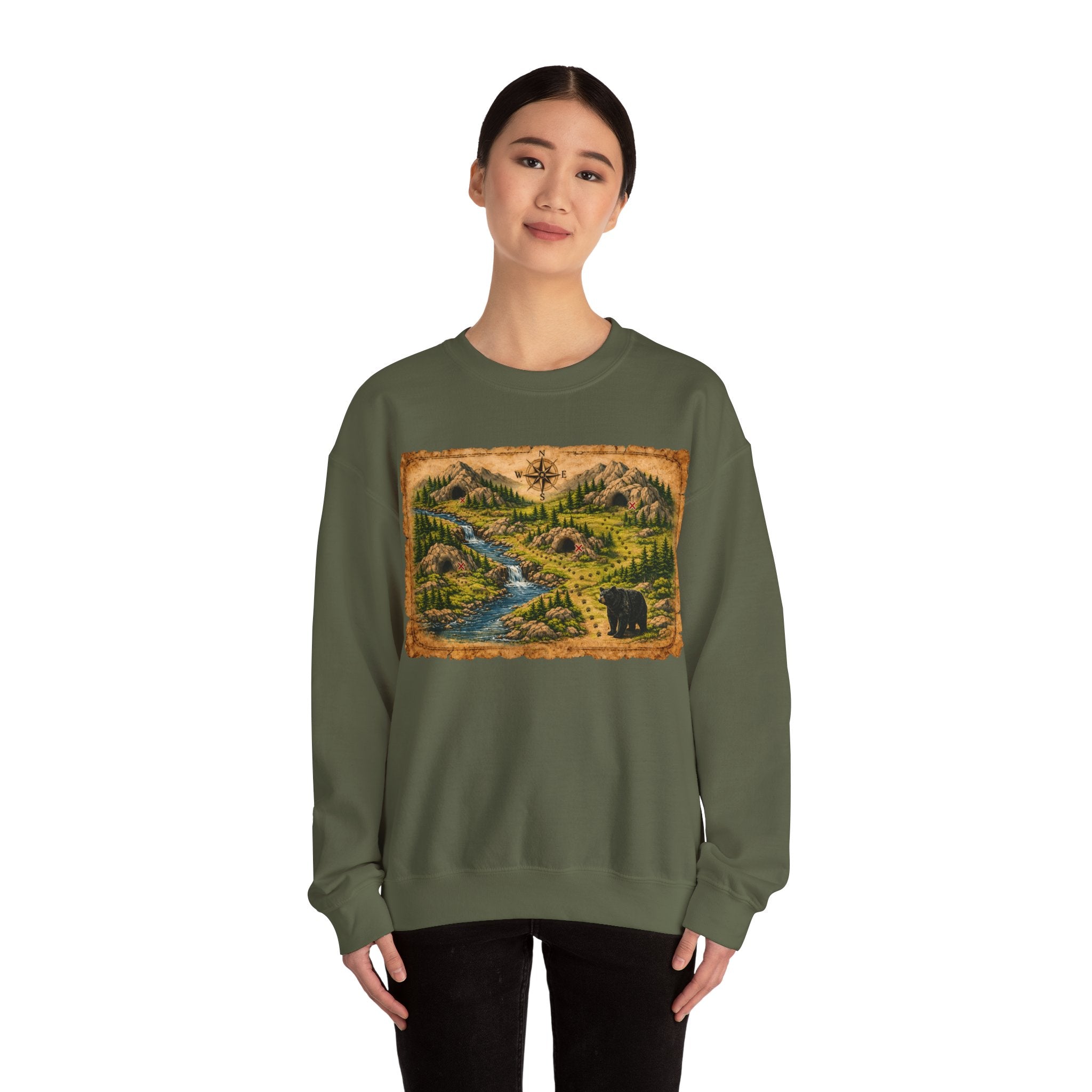 Bear Cave Treasure Map Unisex Crewneck Sweatshirt — Vintage Wilderness Map Graphic