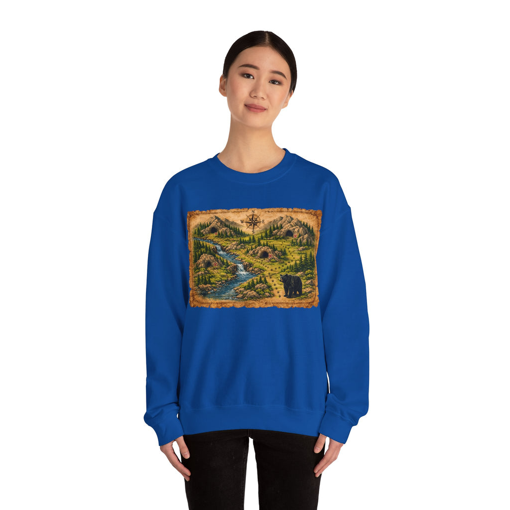 Bear Cave Treasure Map Unisex Crewneck Sweatshirt — Vintage Wilderness Map Graphic