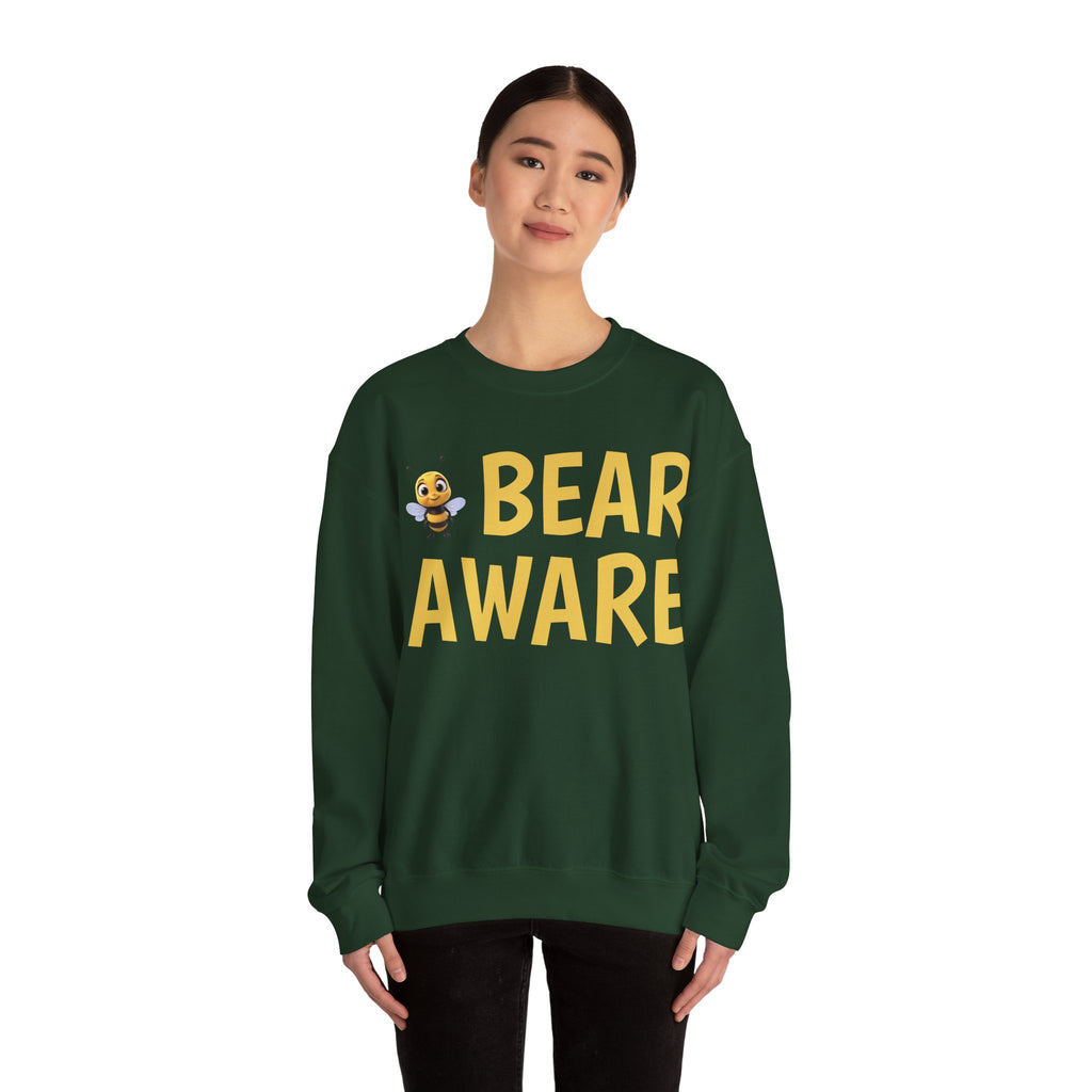 Bear Aware  Unisex Crewneck Sweatshirt — Cute Bee Graphic, Nature & Camping Safety Shirt