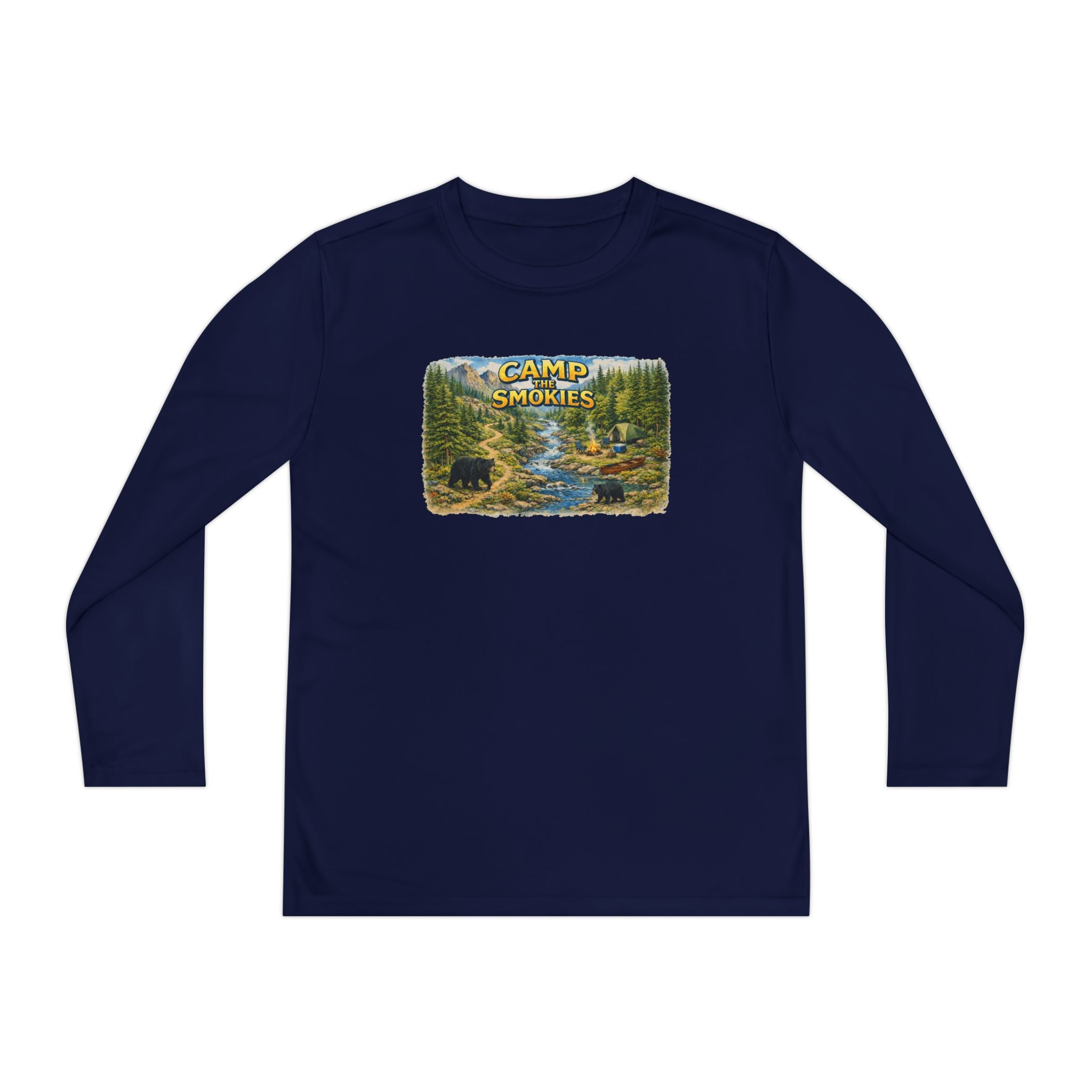 Camp Smokies Youth Long Sleeve Tee — Scenic Mountain River Camping Design